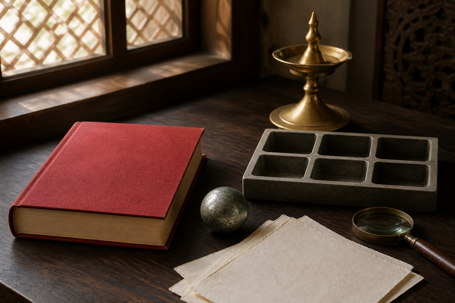 An unmarked red clothbound book, a silver-green metallic orb, six stone compartments, and a magnifying lens arranged on a wooden desk.