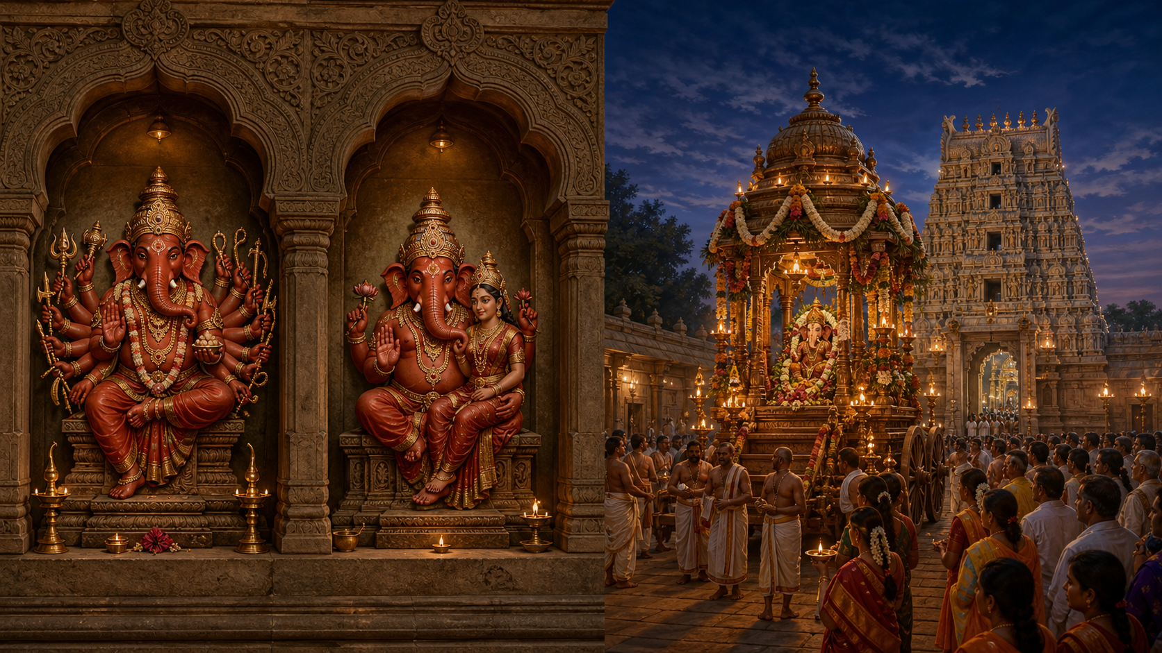 Two distinct Ganesha forms in carved niches beside an evening temple procession with lamps, garlands, and a decorated processional vehicle.