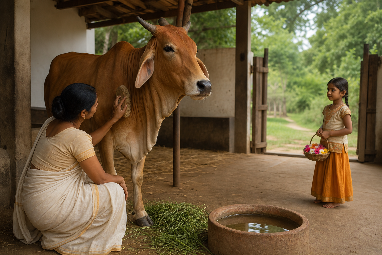 A caretaker gently brushes a relaxed cow beside fresh water and fodder while a child waits nearby with flowers.