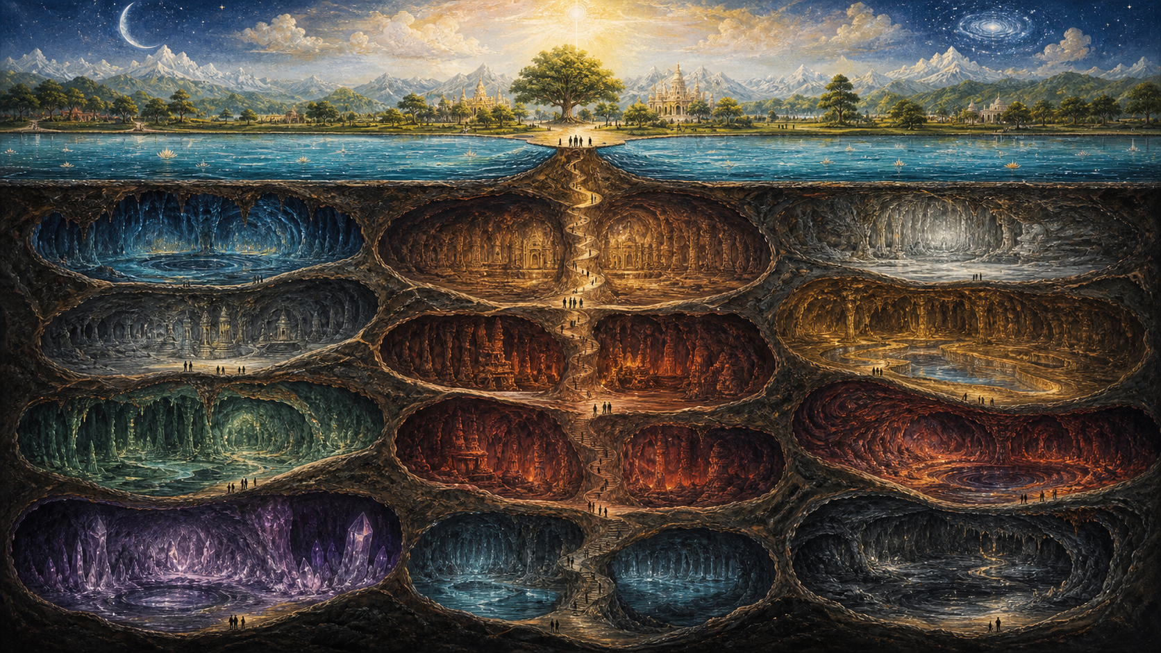 Symbolic cutaway showing the earth and water above a large subterranean landscape divided into many distinct cavernous realms.