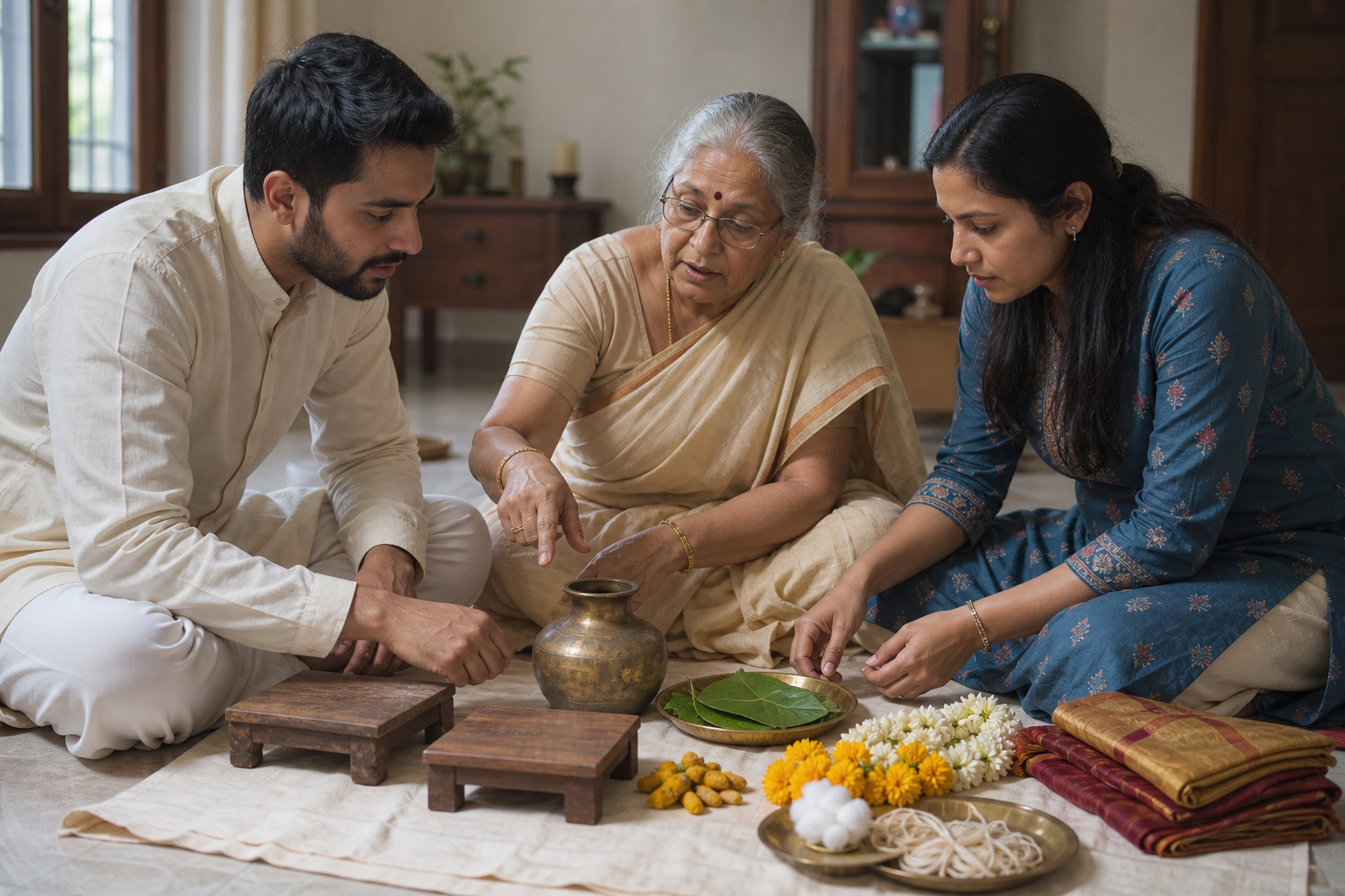 Three family members examine inherited puja vessels, ceremonial cloth, flowers and other ritual materials together.