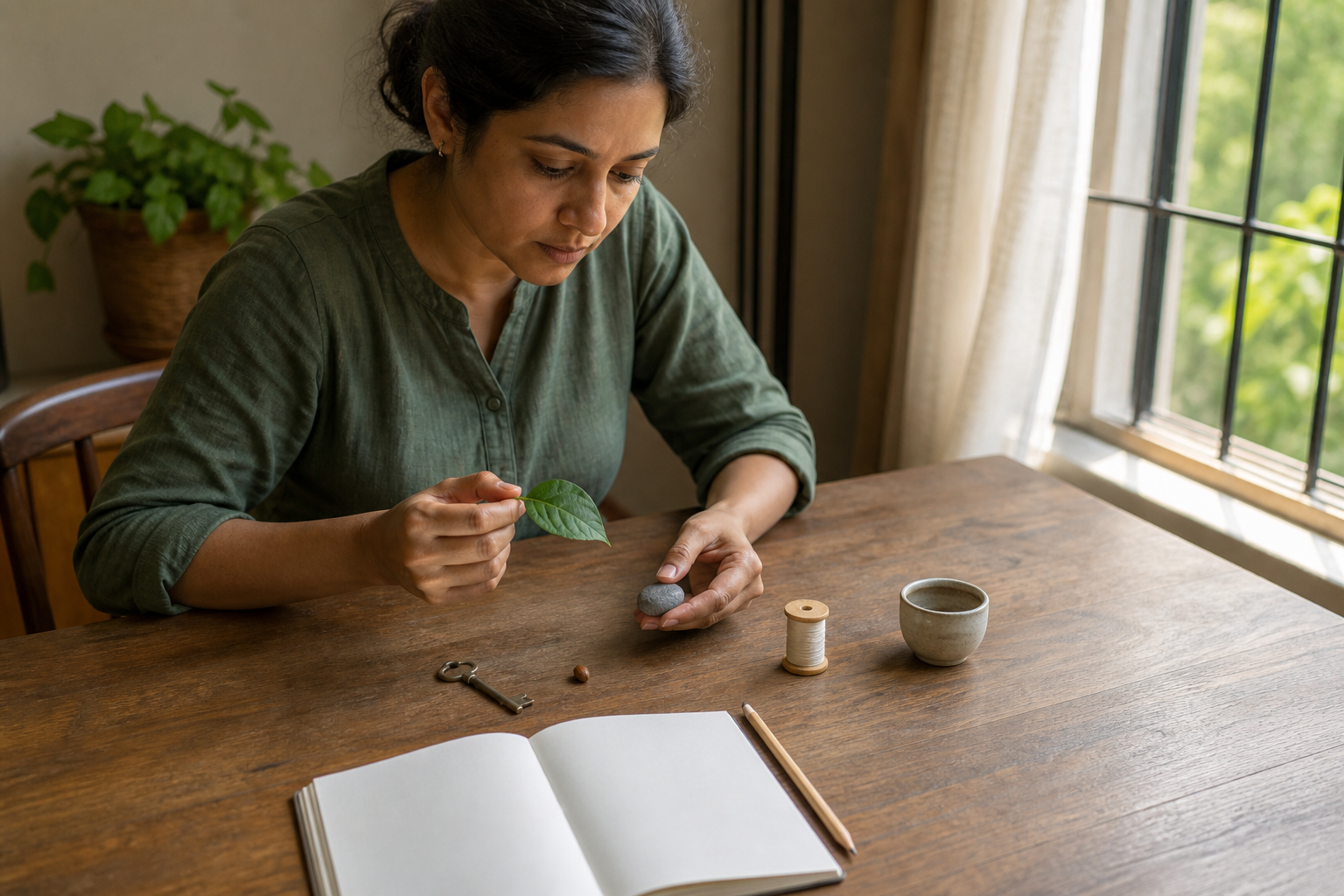 A person studies six small objects arranged on a table beside an open blank notebook and pencil.