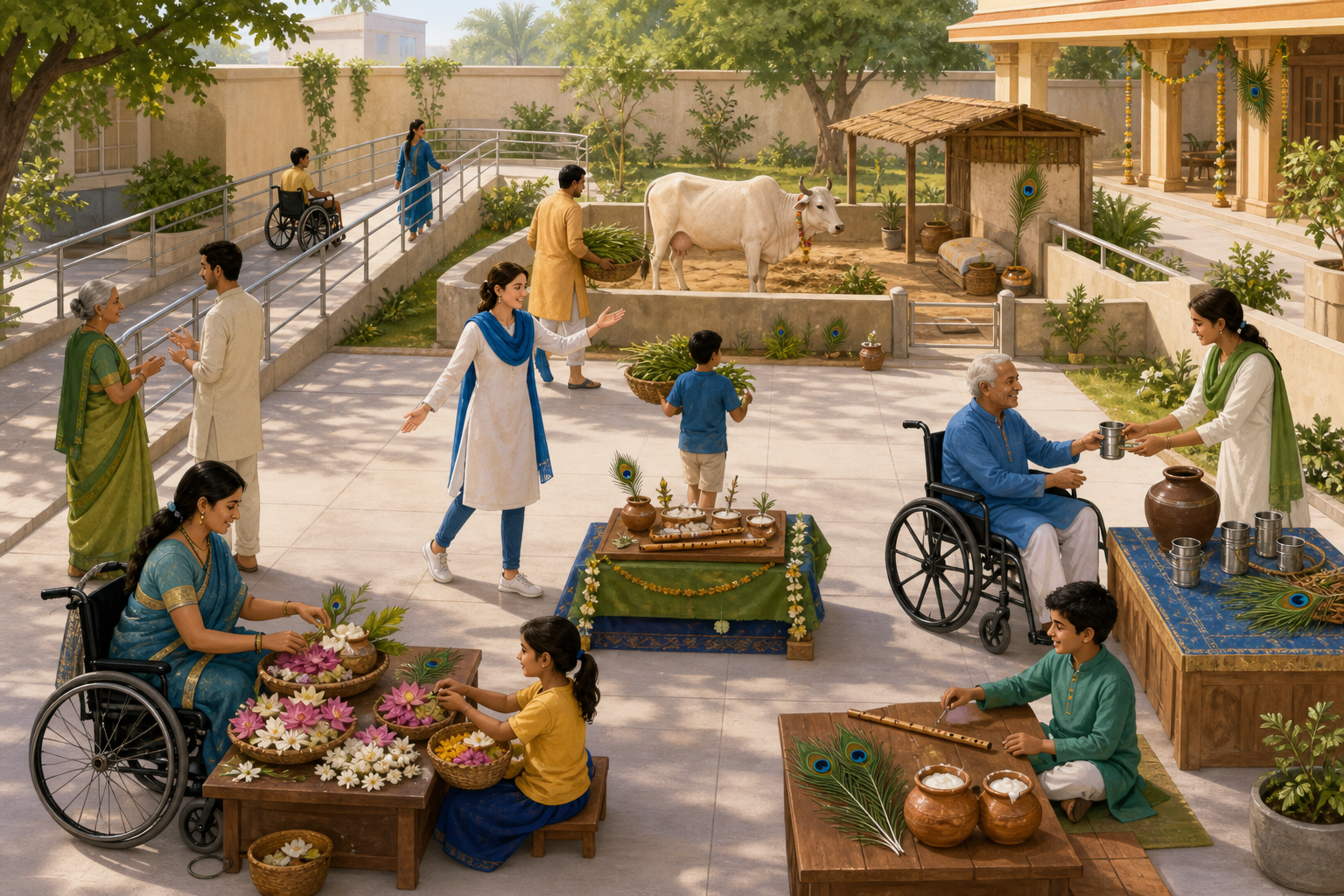 An accessible temple courtyard has ramps, clear paths and offering stations where diverse devotees prepare for gopuja while the cow remains in a quiet spacious area.