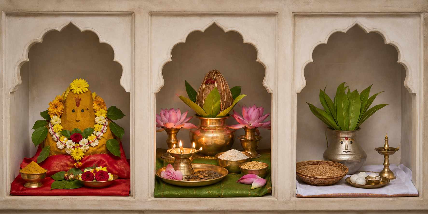 Three separate shrine niches display distinct Gauri, Lakshmi and Jyeshta Devi devotional arrangements without combining them.