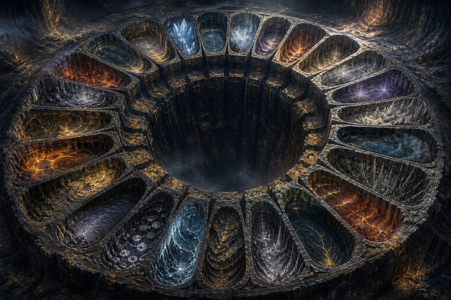 Twenty-eight distinct subterranean chambers arranged around a central cavern, each with different terrain and lighting.