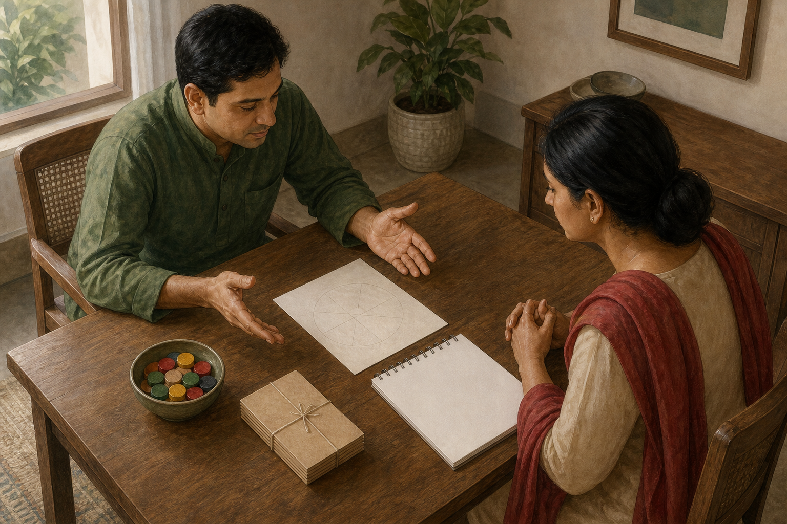 Two adults review a geometric paper diagram, colored tokens, a blank calendar page, and note cards during a consultation.