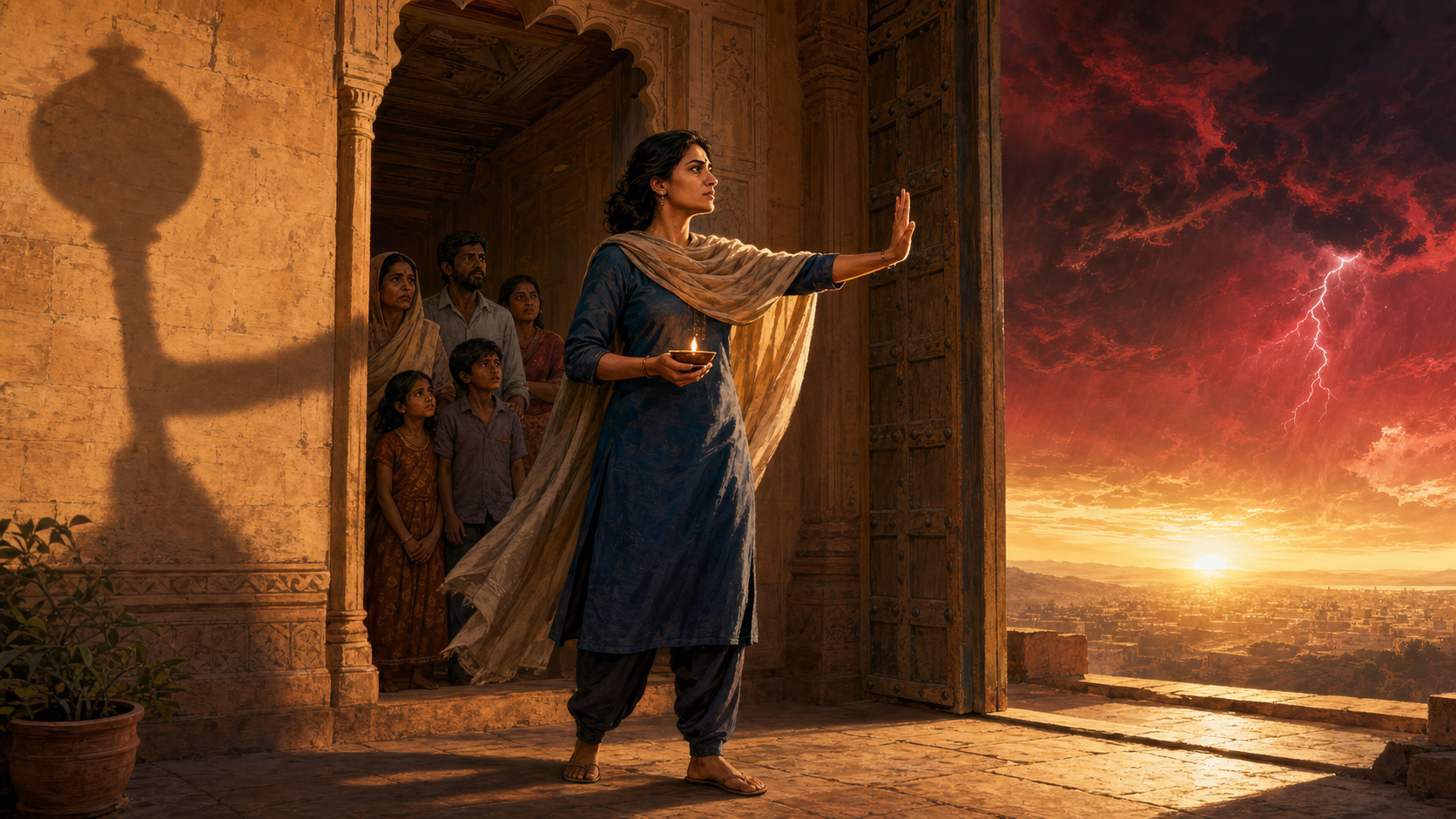 An Indian woman stands at a sandstone threshold with one palm raised and an oil lamp in her other hand as people shelter behind her and a storm gathers outside.