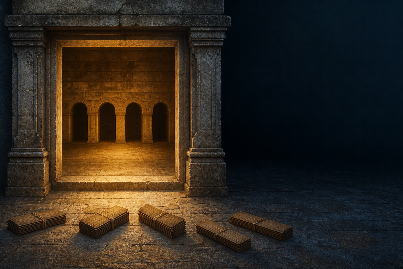 A lit stone doorway frames several underground paths, with separate bundles of unmarked palm-leaf folios resting nearby.