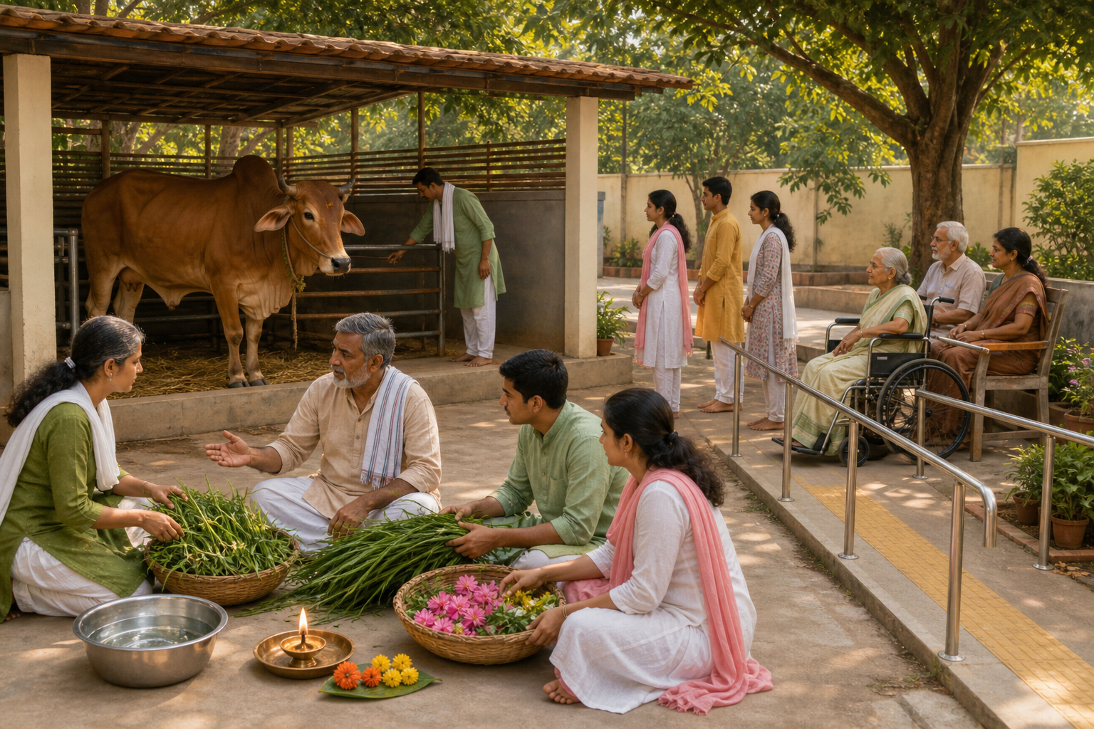 Volunteers prepare water, fodder, flowers, safe lighting, shaded cow space and an accessible route for a community gopuja.