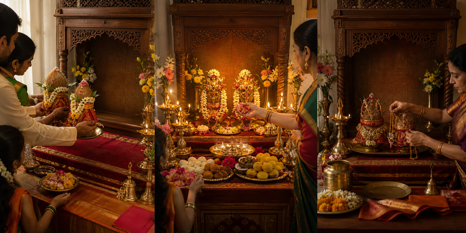A three-part scene shows the arrival, main worship and respectful farewell stages of a household vrata.