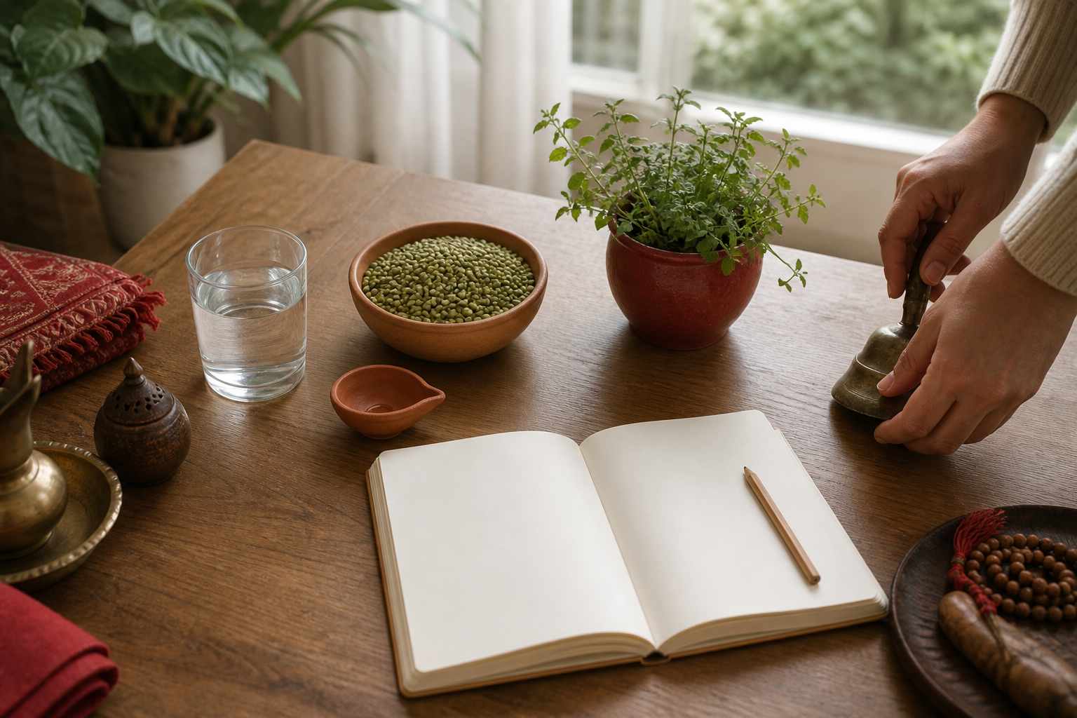 Hands simplify a tabletop arrangement containing an unlit clay lamp, green lentils, water, a potted herb, and a blank journal.