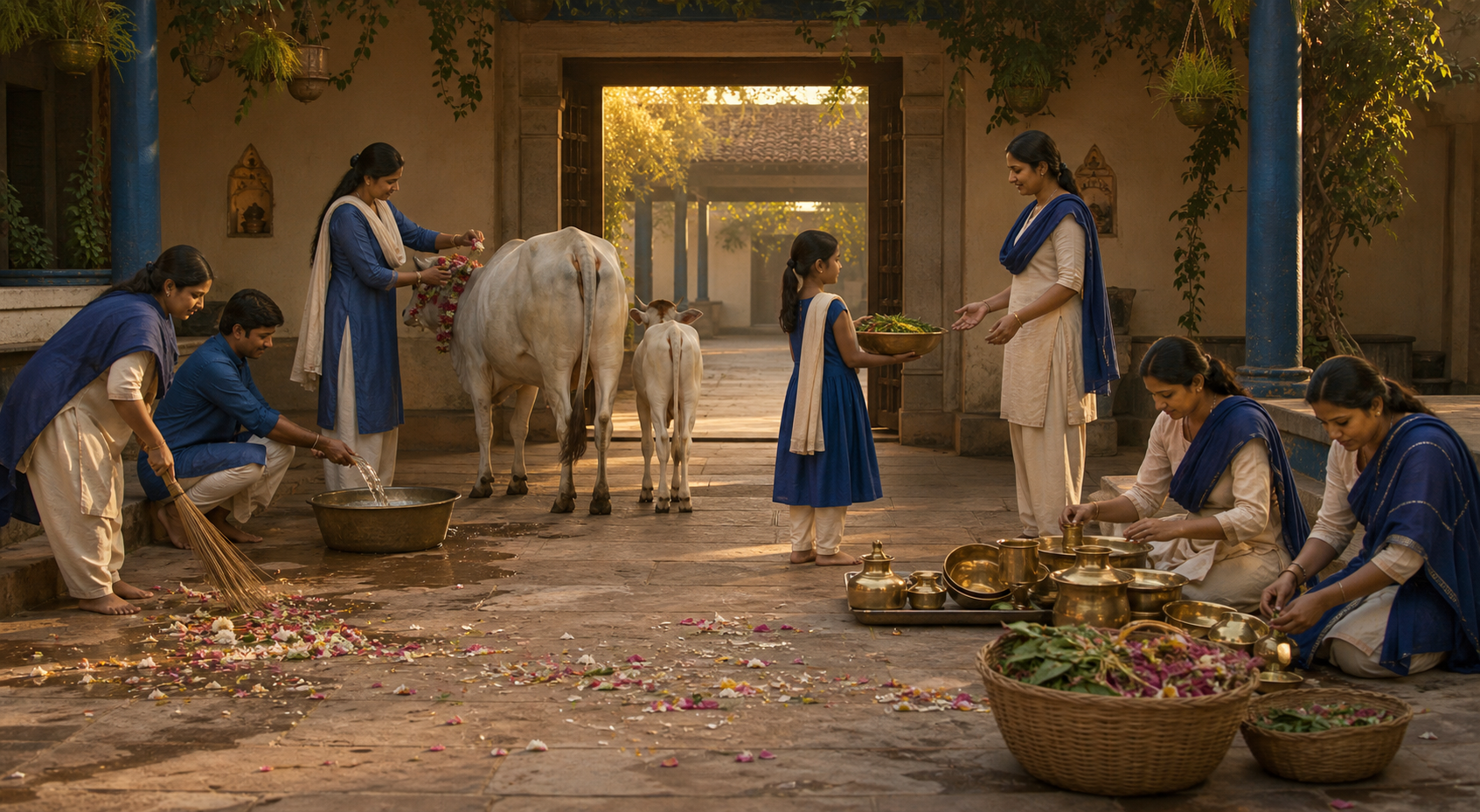 Volunteers clean the courtyard, refresh a cow's water and let the cow and calf walk freely to a shaded resting area after gopuja.