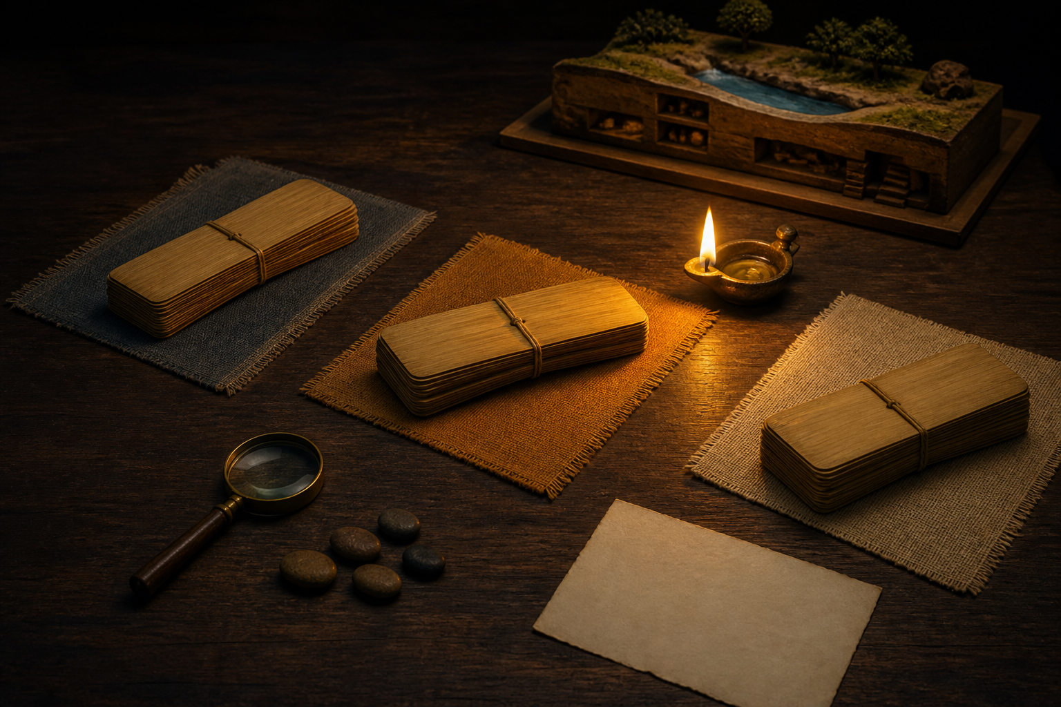 Three separate bundles of blank palm-leaf folios lie on a study desk beside a lamp, magnifying lens, counting stones, and a small layered landscape model.