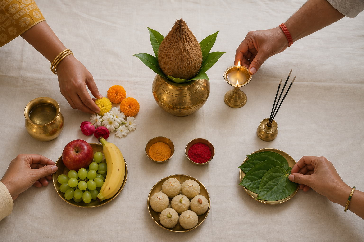 Family members arrange a simple kalasha, lamp, flowers, fruit, leaves and offering dishes for a coherent household puja.