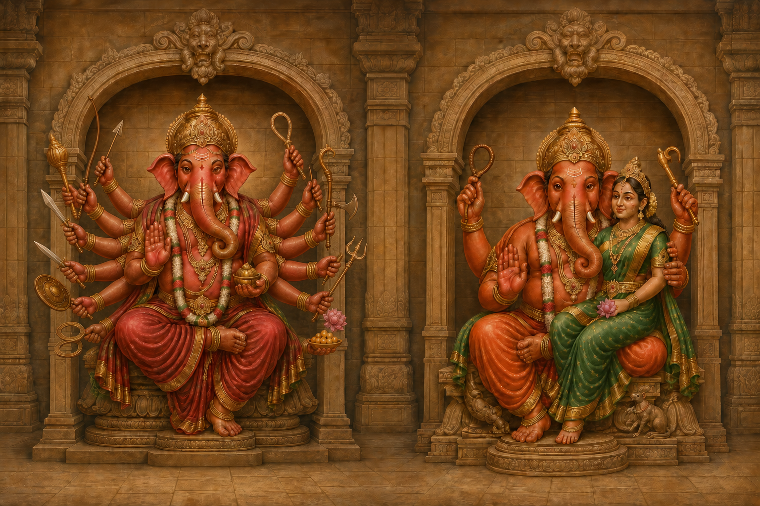A sixteen-armed Veera Ganapathi holding martial emblems beside a four-armed Shakti Ganapathi seated with a green-clad feminine Shakti.