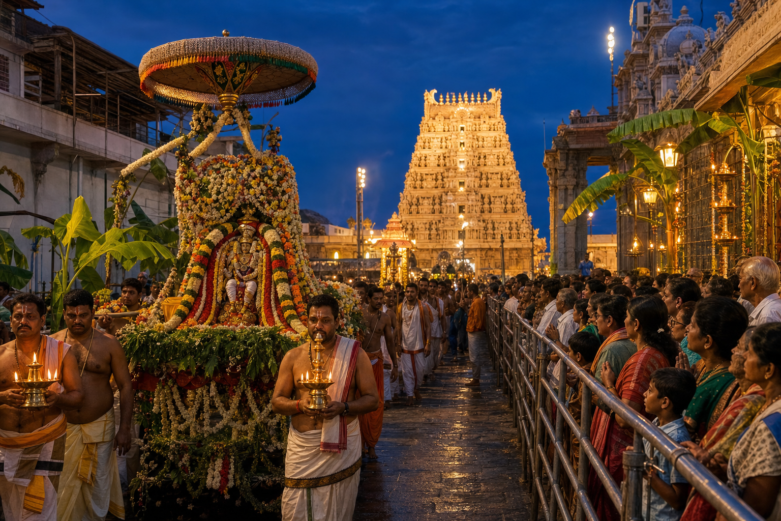 Pilgrims and priests accompany a flower-decorated processional vehicle toward an illuminated South Indian temple during an evening festival.