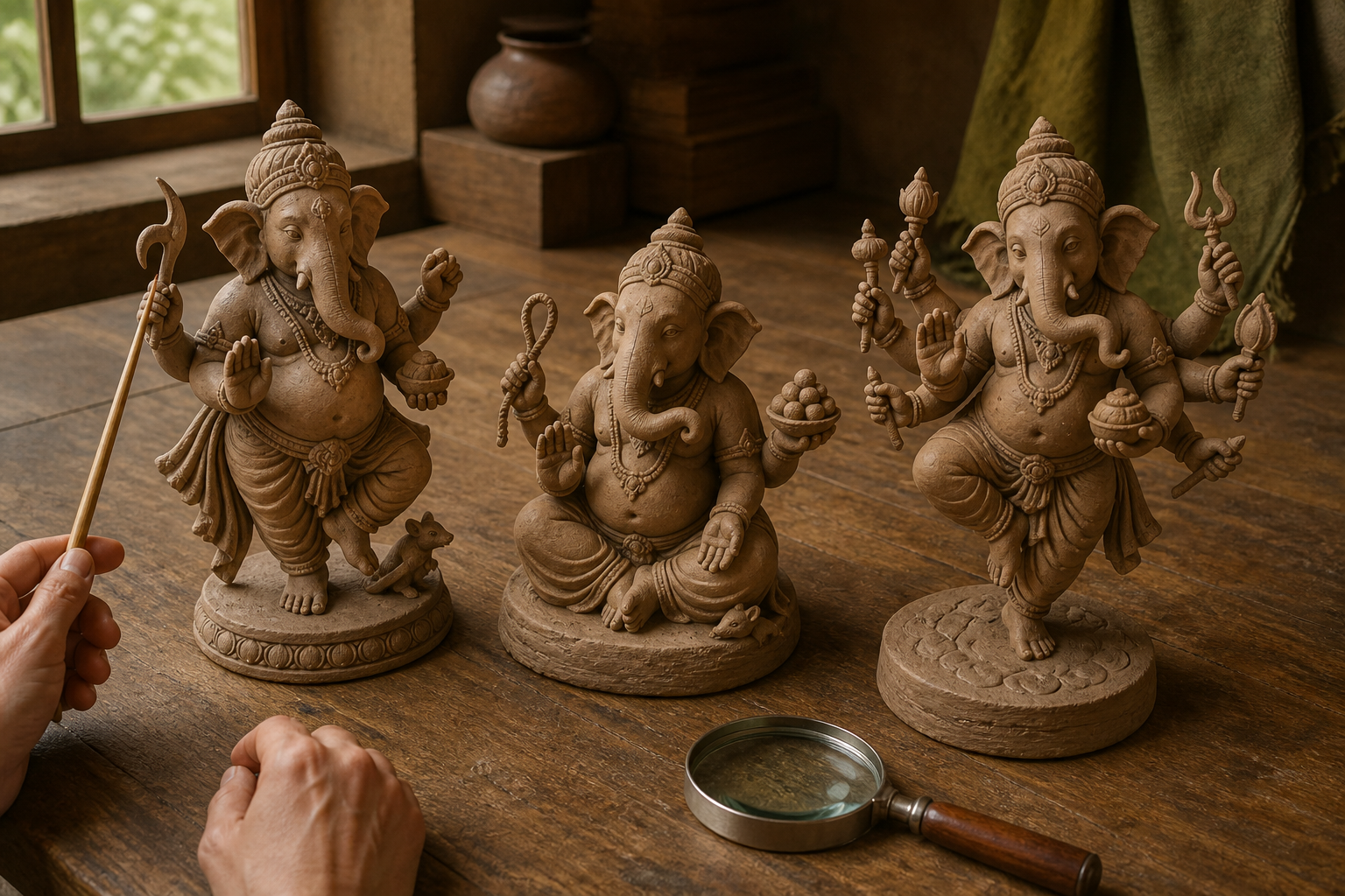 Three unlabelled clay Ganesha figures with different arms, attributes, postures, and companion figures arranged for close visual study.