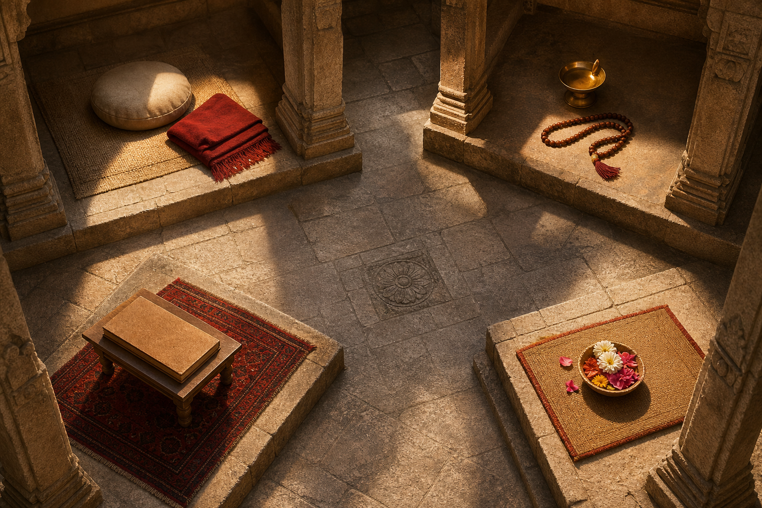 Distinct meditation and study objects occupy separate alcoves around a shared sunlit stone courtyard.