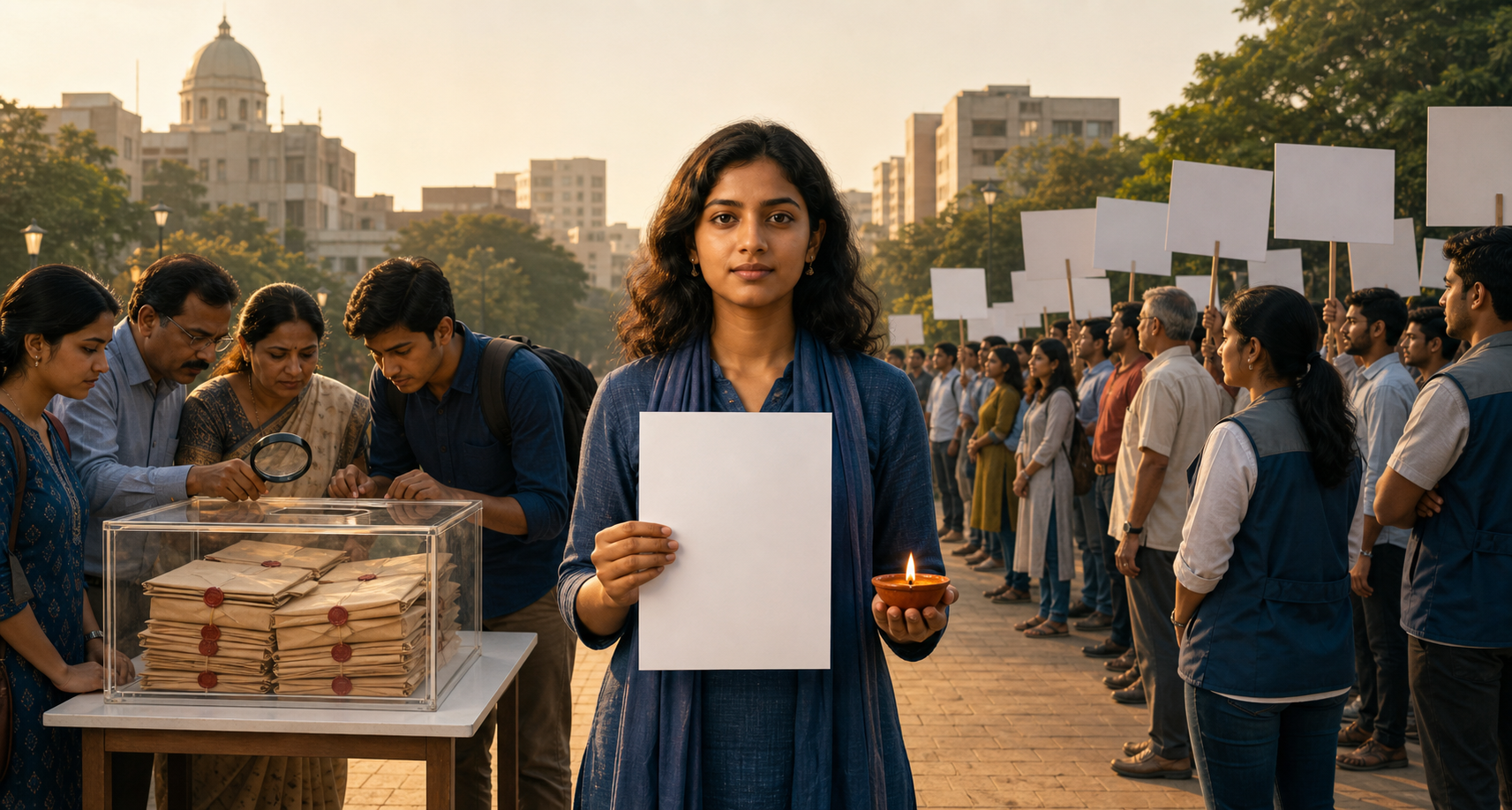 A student holds an unmarked exam paper and a lit clay diya between an evidence review area and a peaceful protest with blank placards.