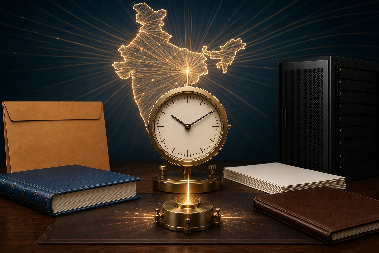 A brass clock and scientific timing instrument sit among legal documents, a ledger, a server module and a filing envelope, with a glowing outline of India behind them.