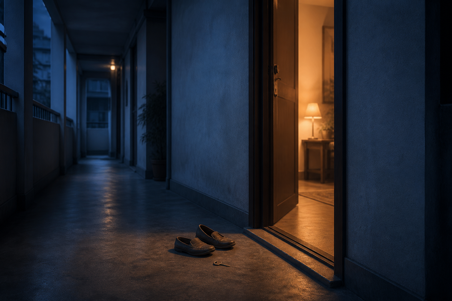 Editorial illustration of an open apartment doorway with a pair of shoes and a fallen key in a dim blue-and-amber corridor.