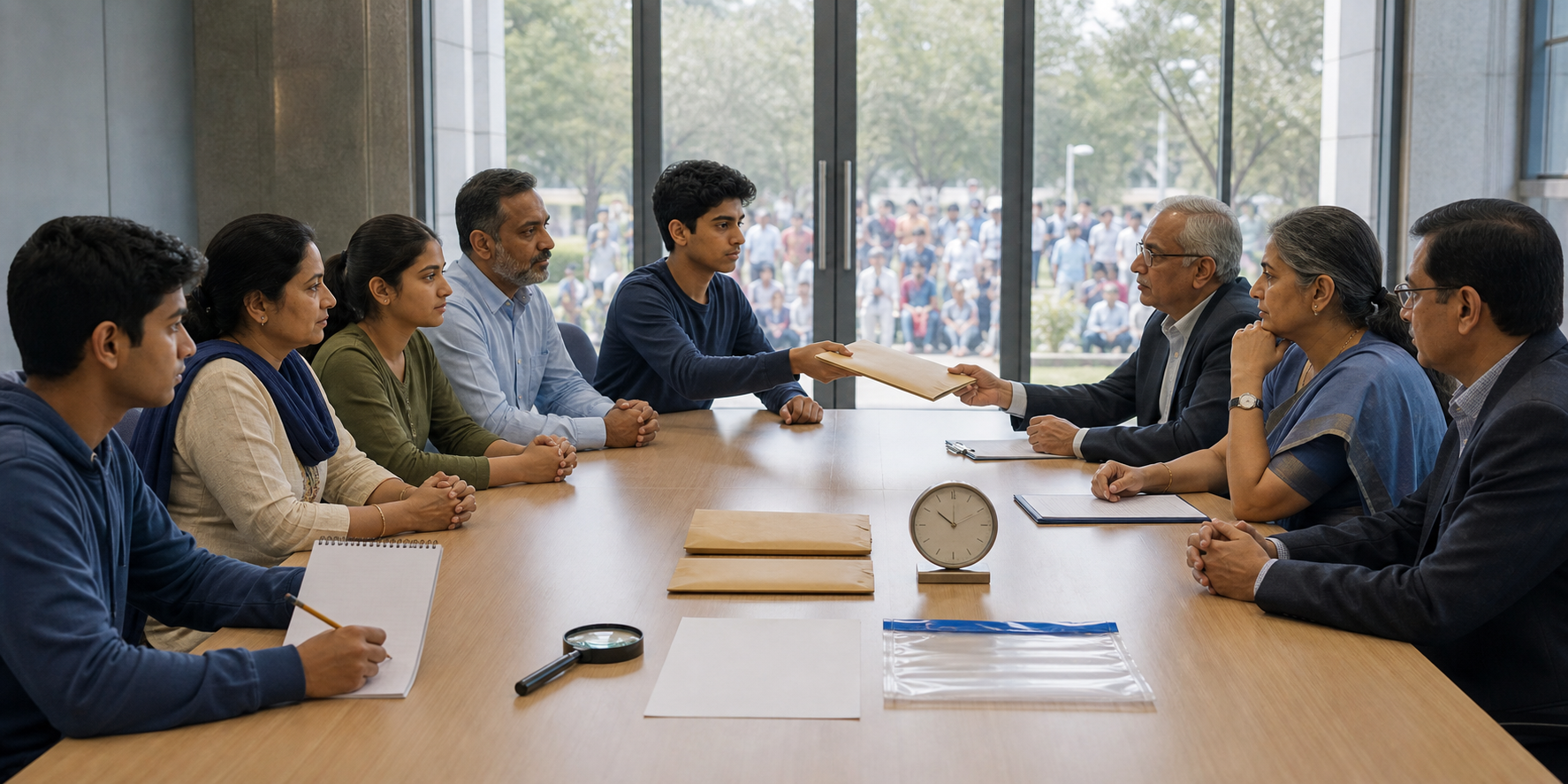 Students and parents present sealed exam materials to an independent review panel at a civic hearing table.