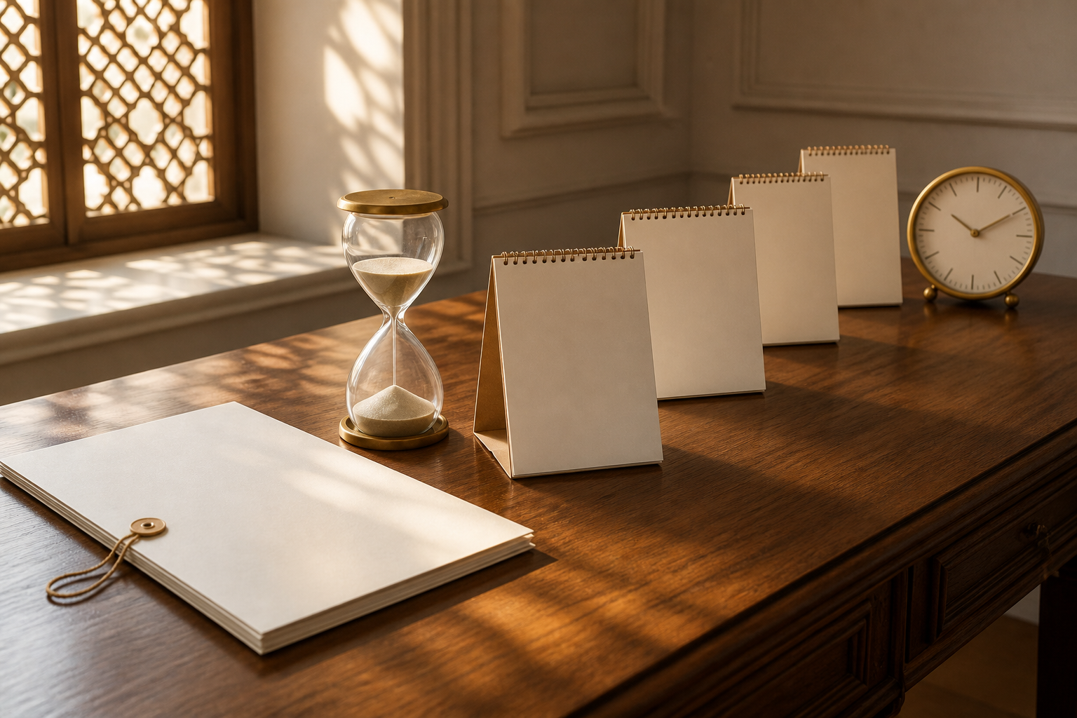 An unmarked legal document, an hourglass and blank calendar pages lead toward a clock across a sunlit desk.