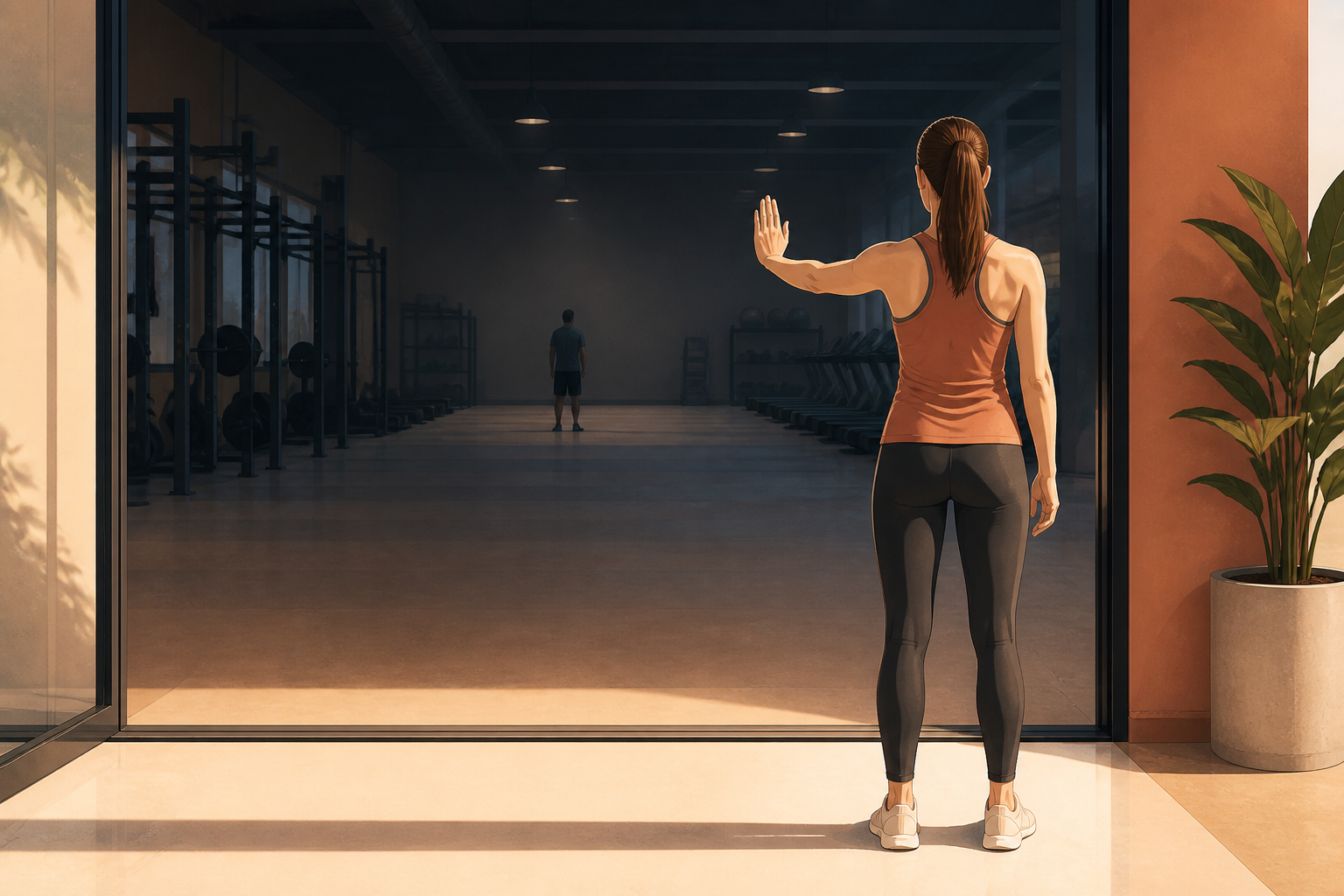 Conceptual illustration of an anonymous woman raising an open hand at a gym exit while another figure remains far in the background.