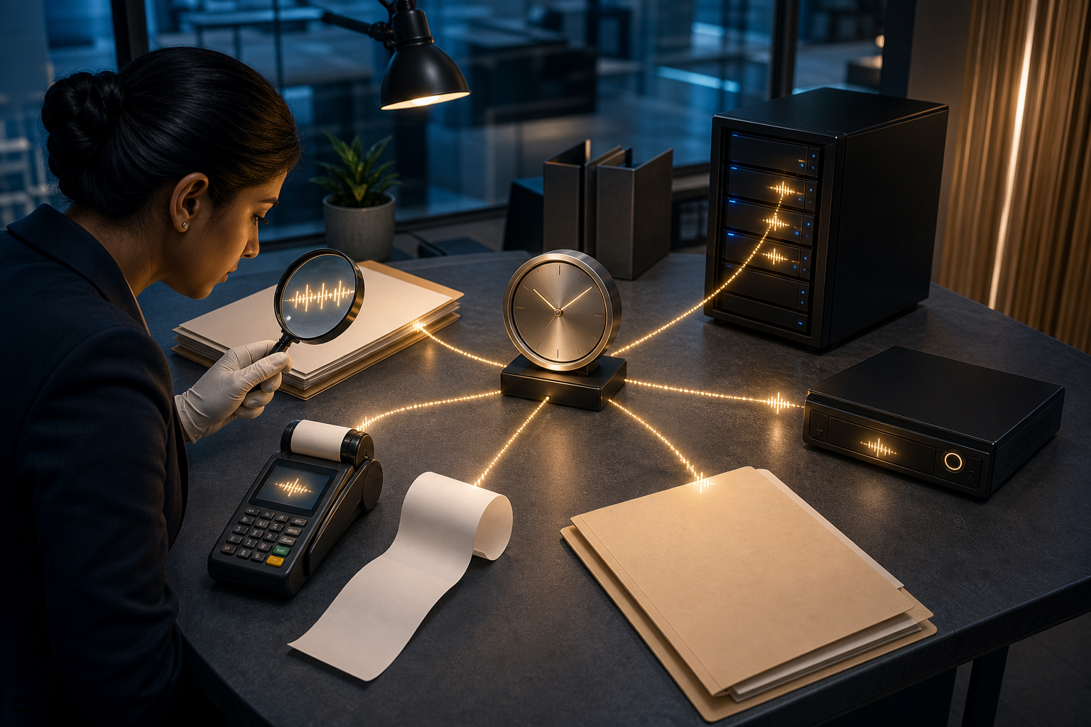 A records analyst examines contract, payroll, payment and server records connected by light signals to one precision clock.