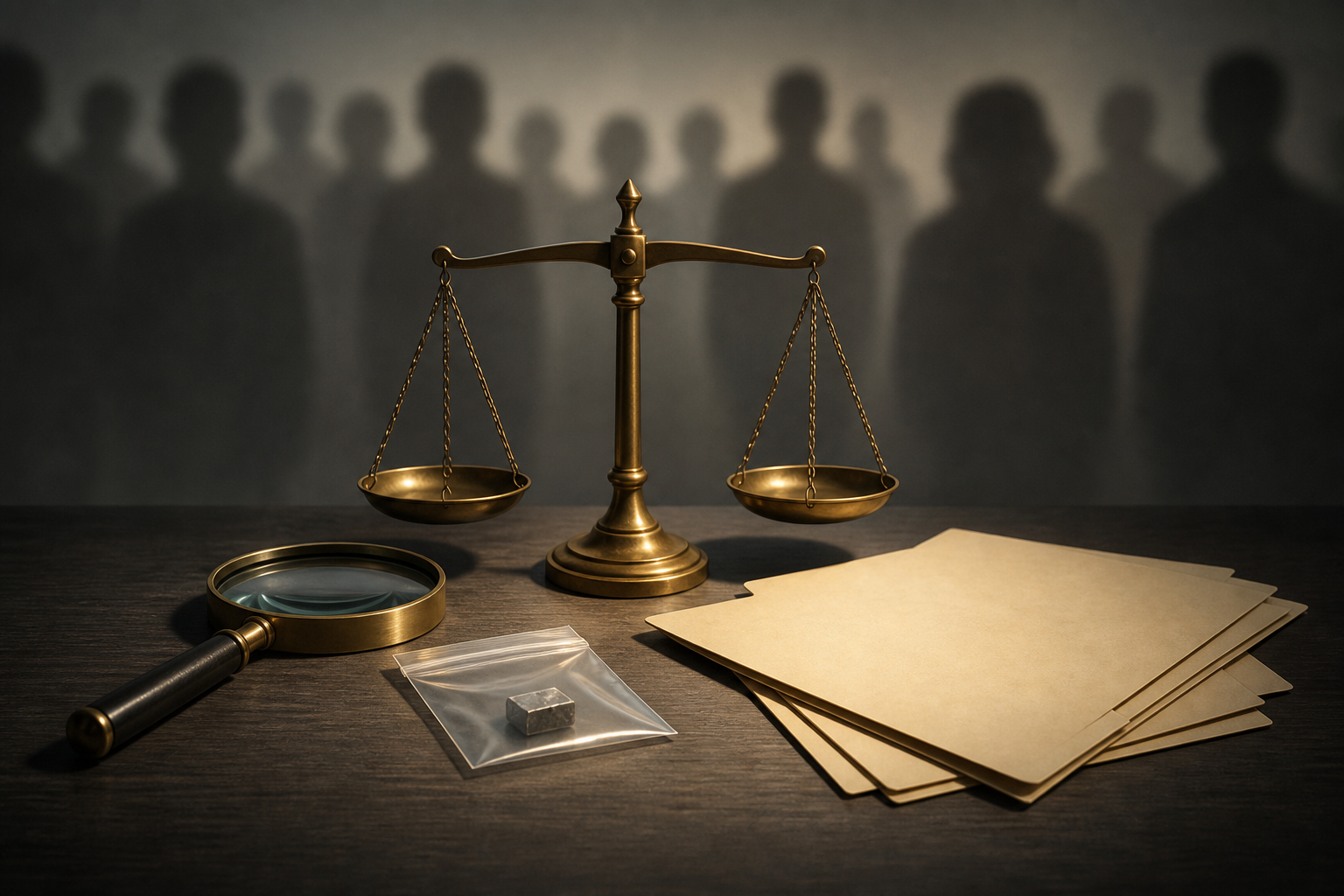 Editorial illustration of scales, a magnifying glass, a sealed evidence pouch, and blank folders in focus before a blurred crowd.