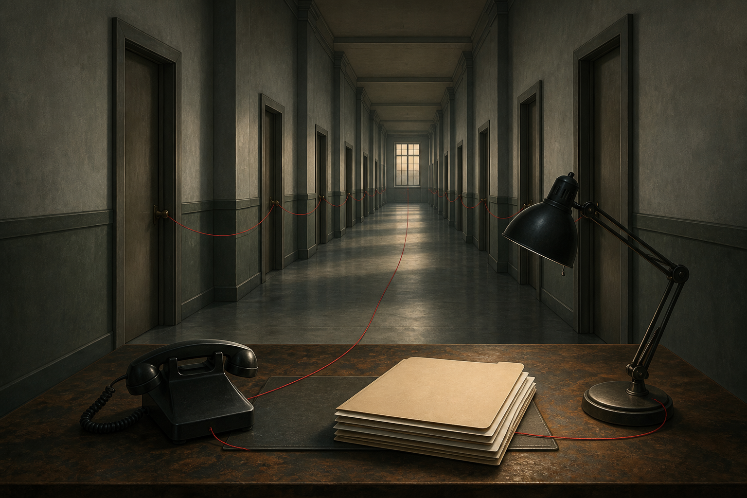 Symbolic illustration of a red thread passing closed office doors and ending at a desk with a telephone and blank folders.
