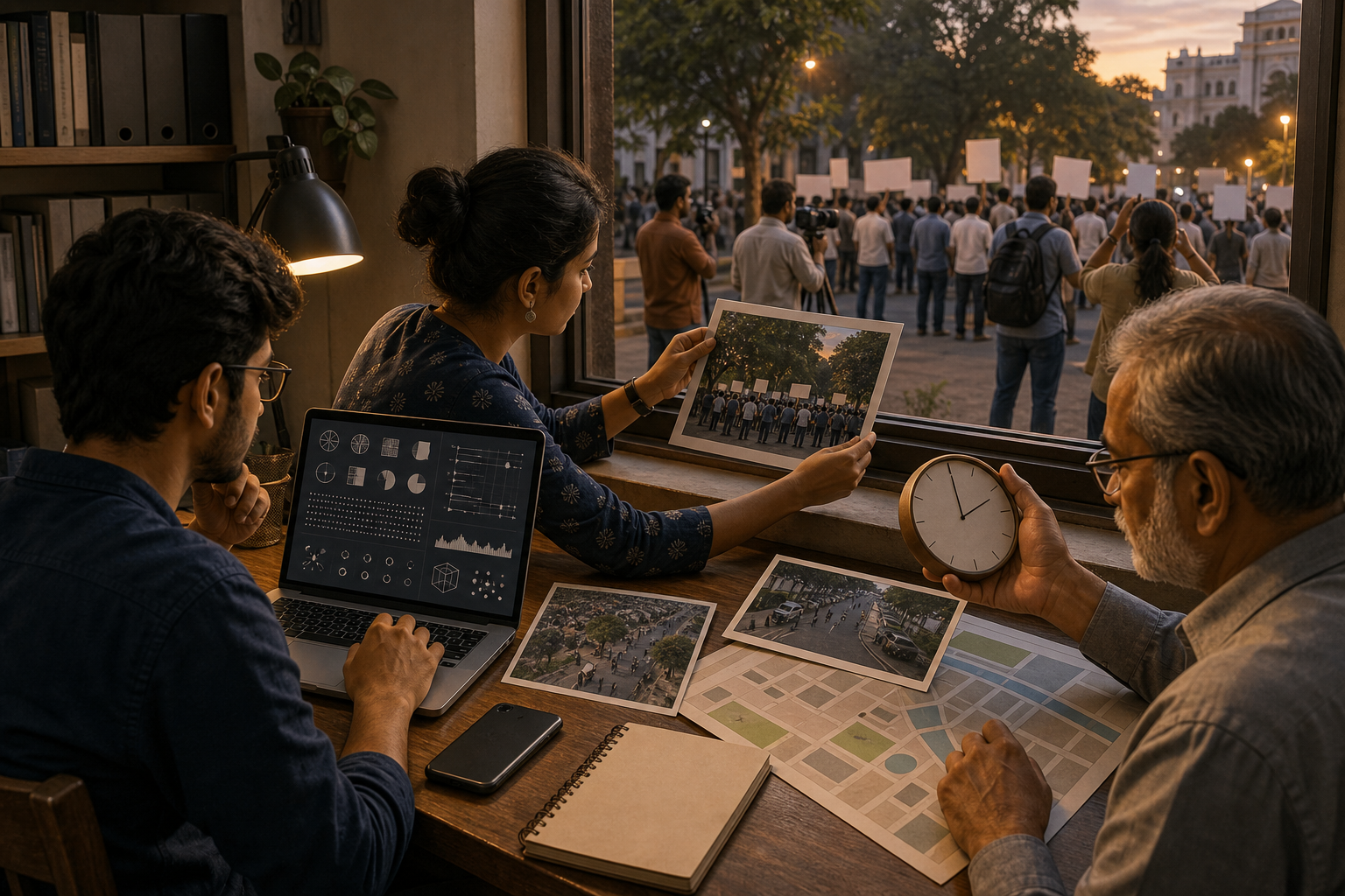 Researchers compare a laptop, photographs, a clock, and multiple camera angles while verifying footage from a peaceful protest.