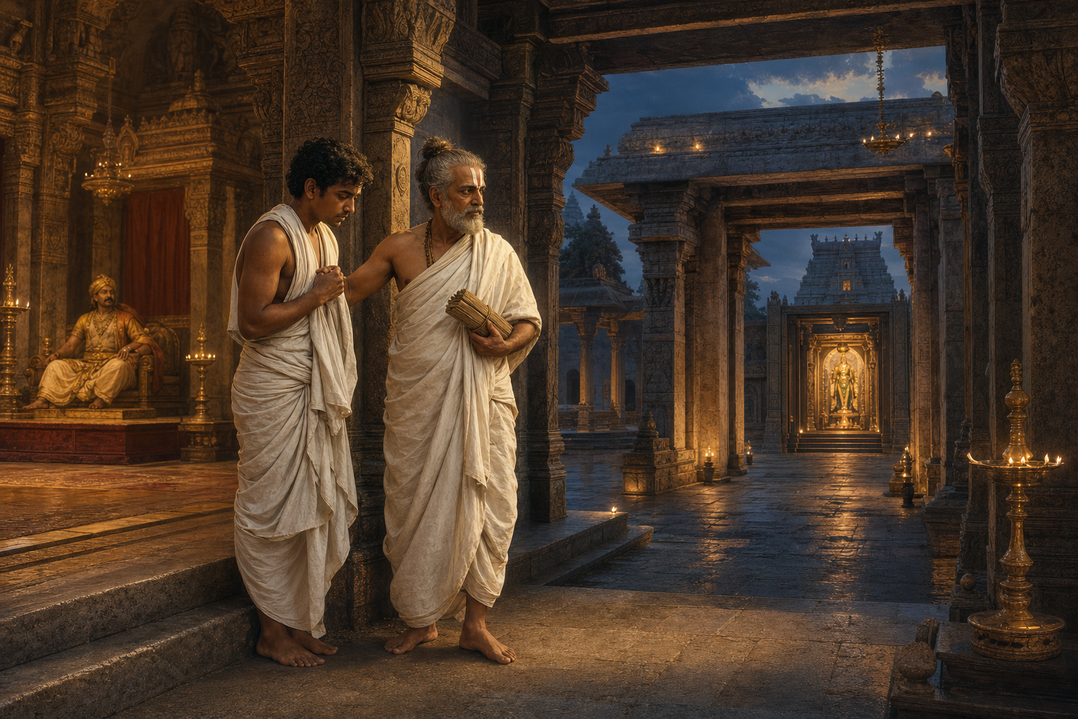 Kanikannan and Thirumalisai Alvar stand together at the edge of a royal hall, with a glowing temple sanctuary visible through the colonnade behind them.