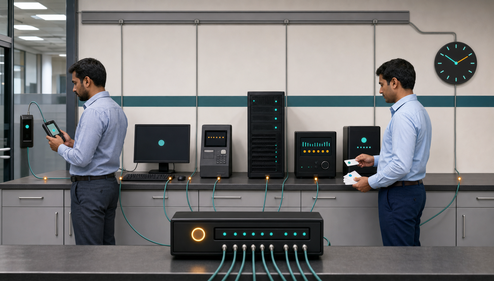 Two compliance engineers audit access, payroll, transaction, security and backup systems linked to a central timing unit.