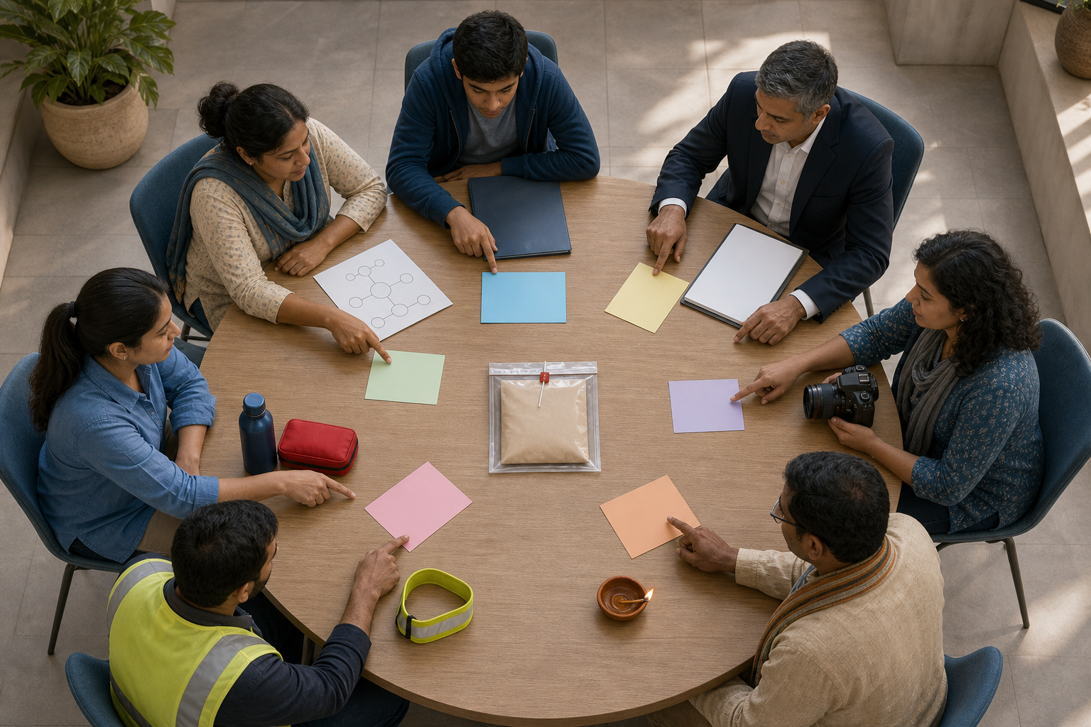 A diverse response team sits around a circular table with separate tools and blank task cards assigned to each participant.