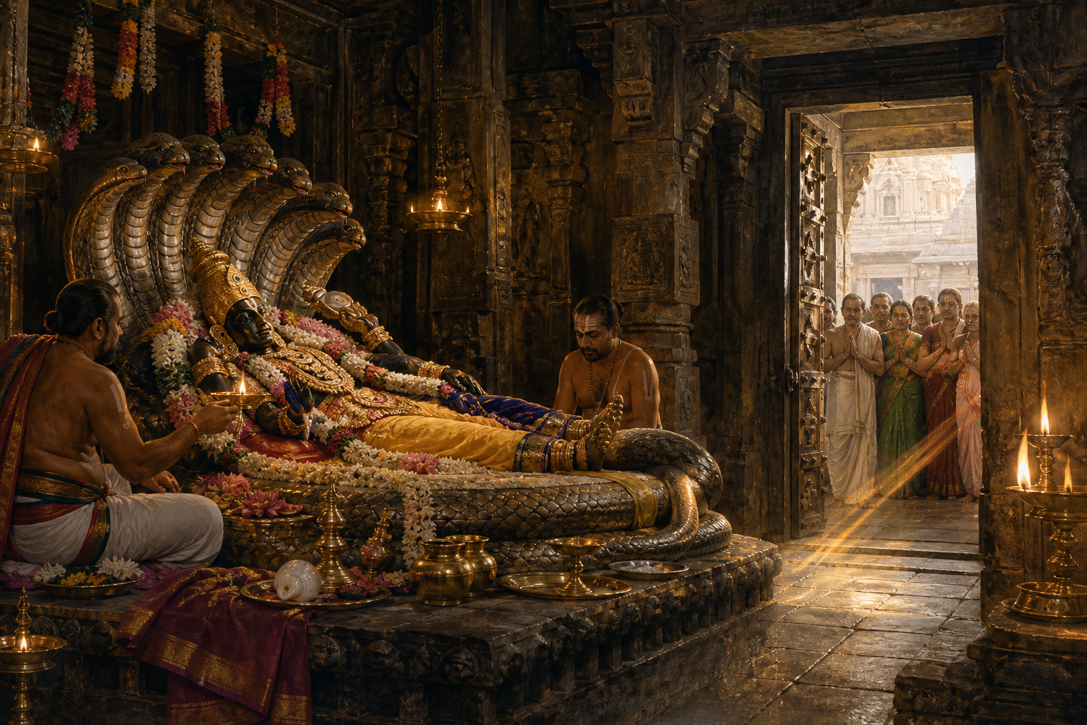 Priests offer a lamp before a reclining Vishnu deity on the serpent Adishesha while devotees stand beyond the stone sanctuary threshold.