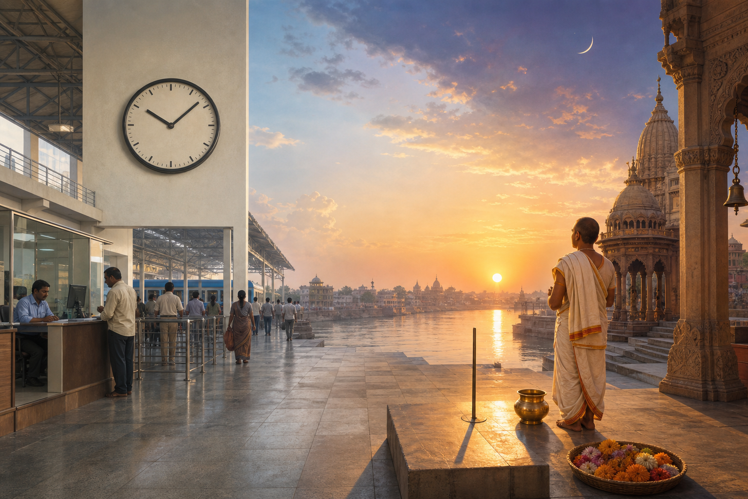 A civic concourse with a standard clock shares a continuous horizon with a dawn temple courtyard where sunlight, shadow and ritual objects mark sacred time.