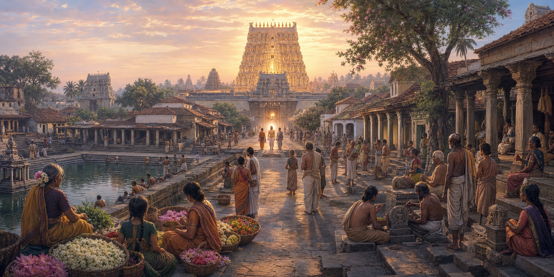 Morning light spreads across Kanchipuram as residents face a glowing Vishnu temple and three returning figures approach its gateway.