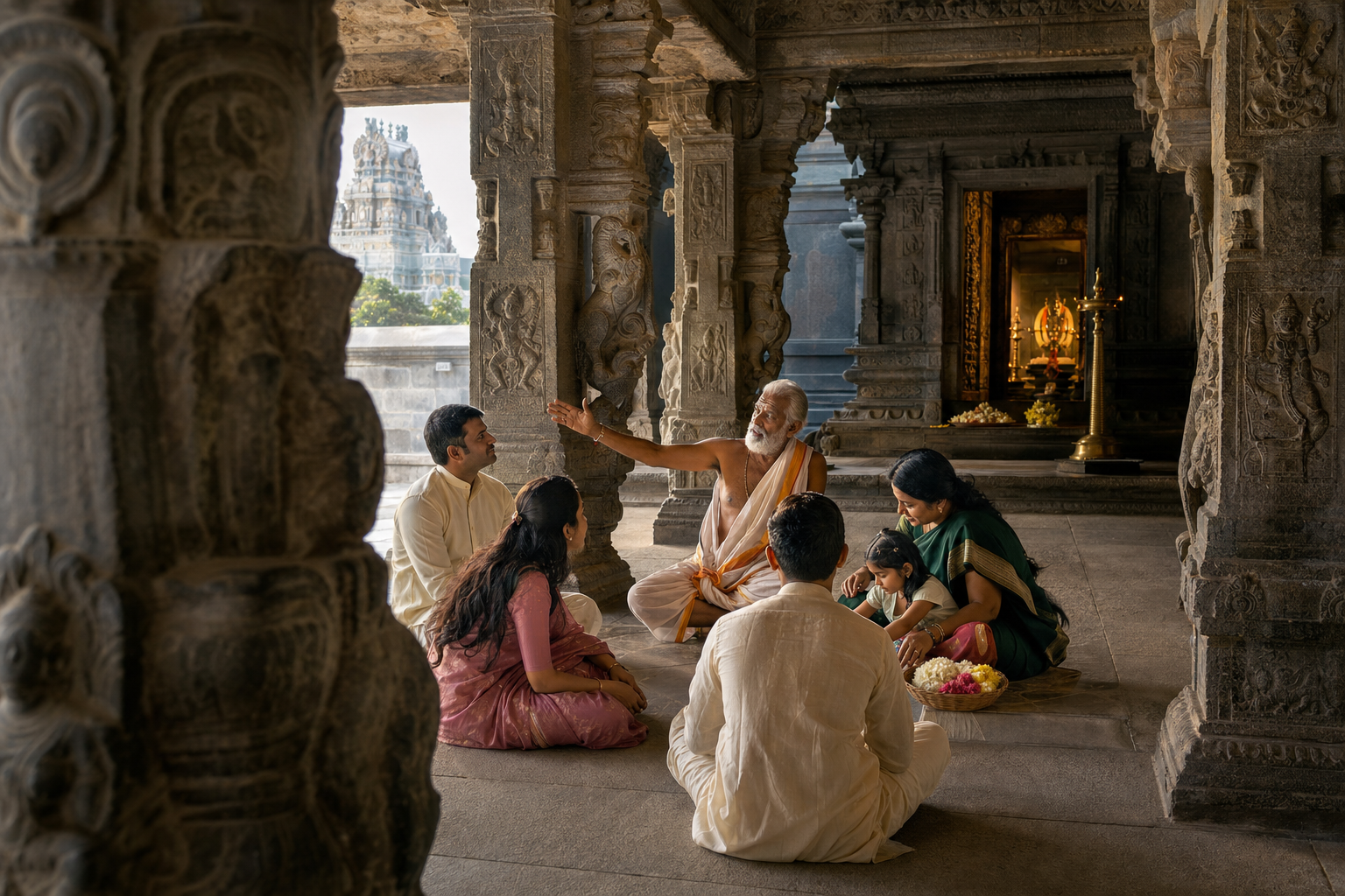 Visitors listen to an elderly storyteller in a carved temple hall while a Vishnu sanctuary glows in the background.