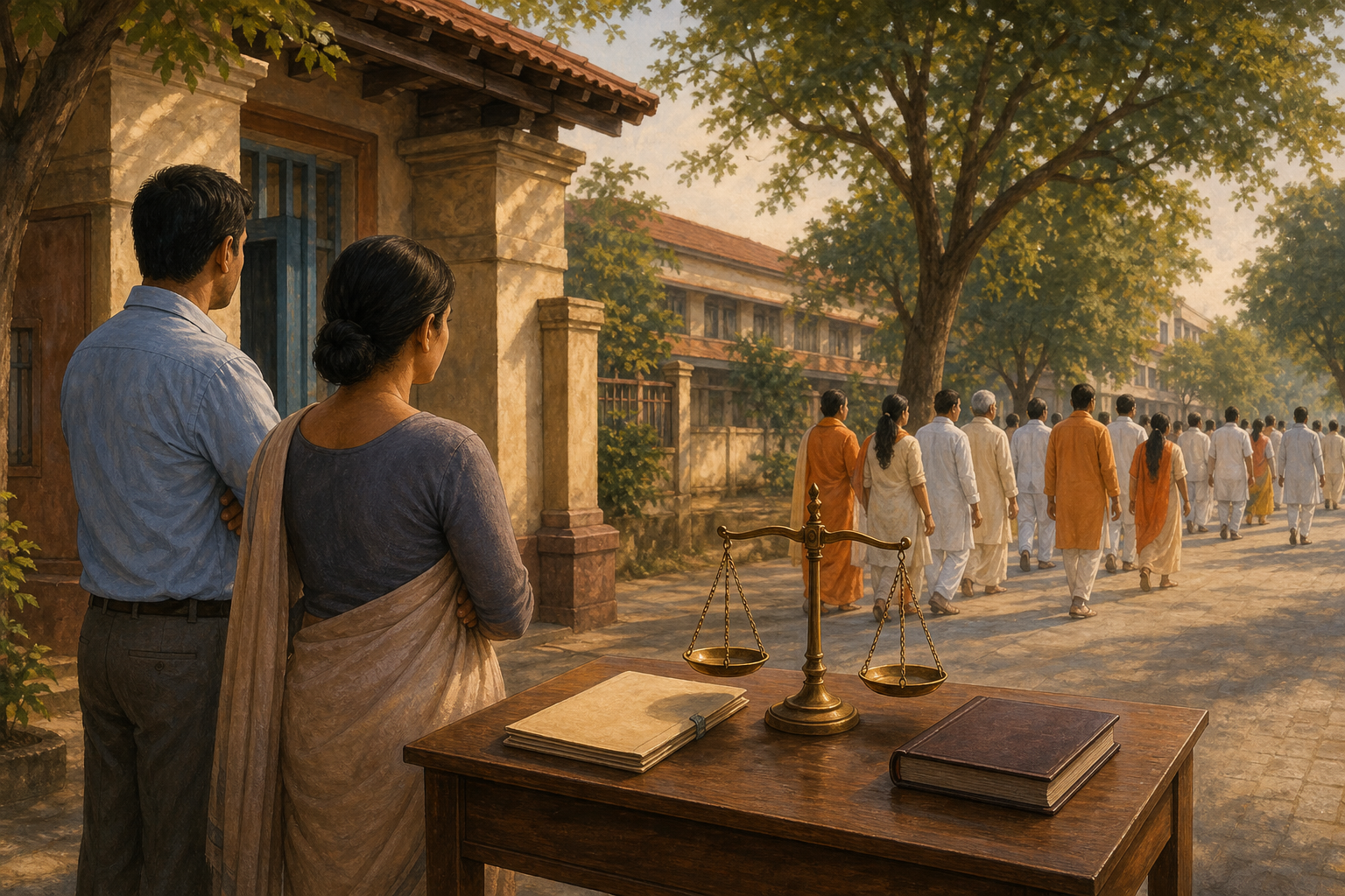 Two anonymous teachers stand outside a school while a peaceful procession passes in the distance, with an official file, closed rulebook, and balance scale between them.