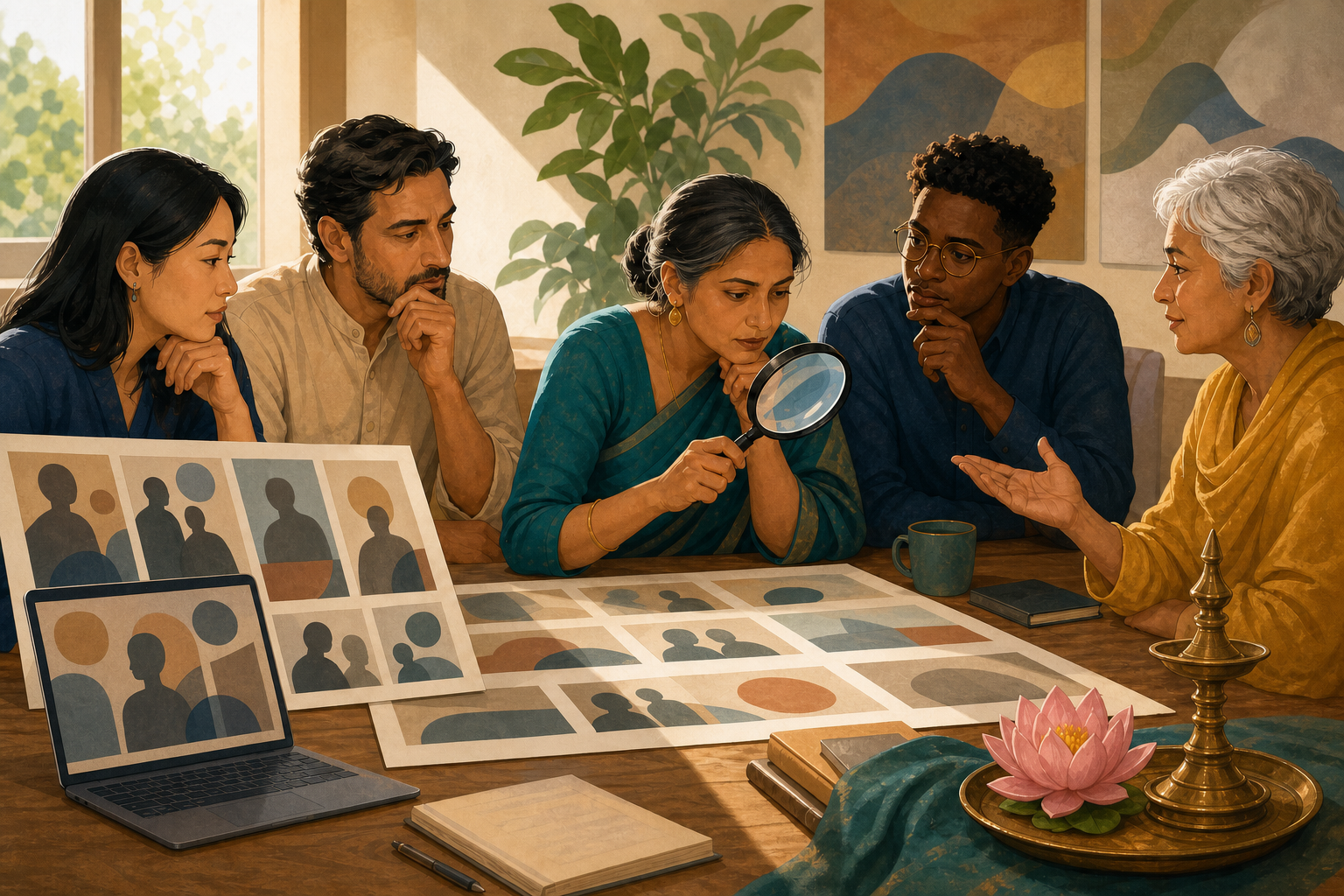 A diverse group calmly examines abstract media images around a table while discussing them, with a brass oil lamp and lotus nearby.