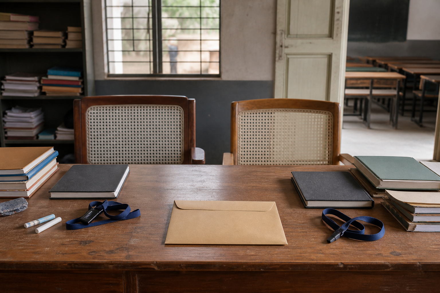 Two empty chairs, lesson materials, employee lanyards, and an unmarked administrative envelope sit in a Karnataka school staff room.