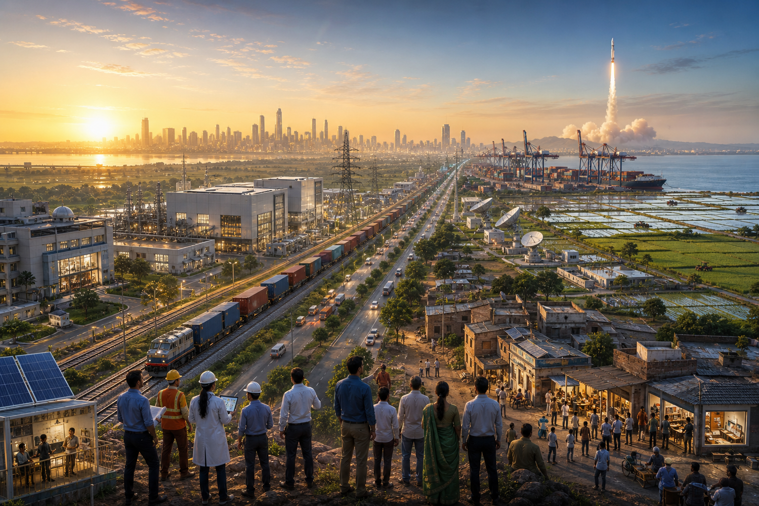 Engineers, workers, researchers, farmers, factories, rail lines, power infrastructure, a port, and satellite antennas connected across an Indian landscape at sunrise.