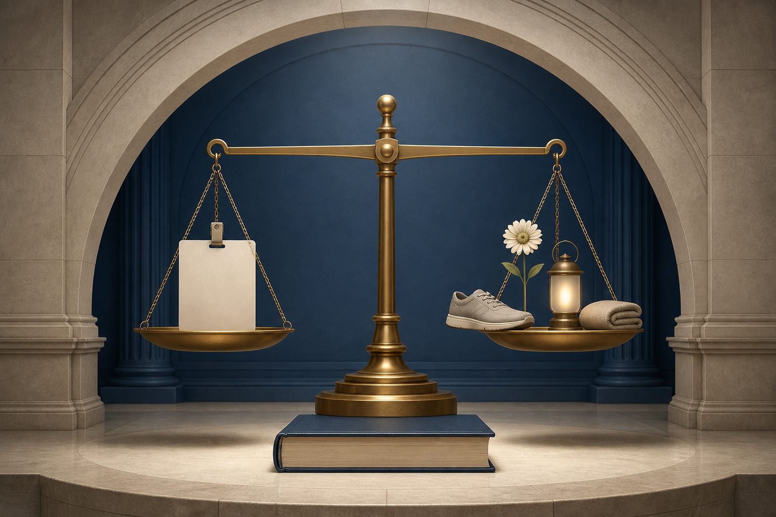 A balanced brass scale holds a blank teacher identification card opposite several neutral tokens of civic participation above a closed rulebook.
