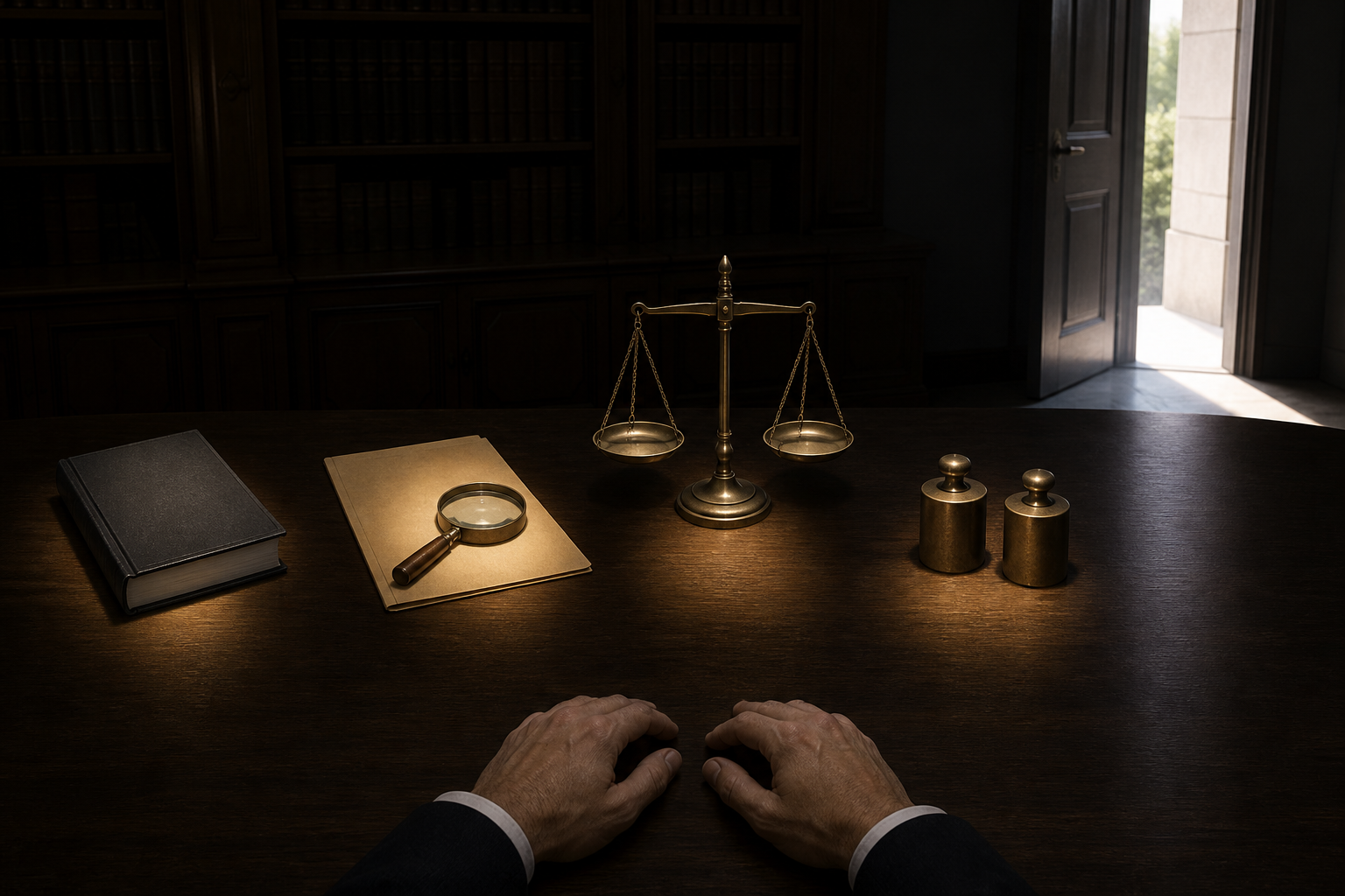 Five illuminated objects on a review table include a rulebook, evidence folder with magnifying glass, balance scale, matching weights, and an open doorway.