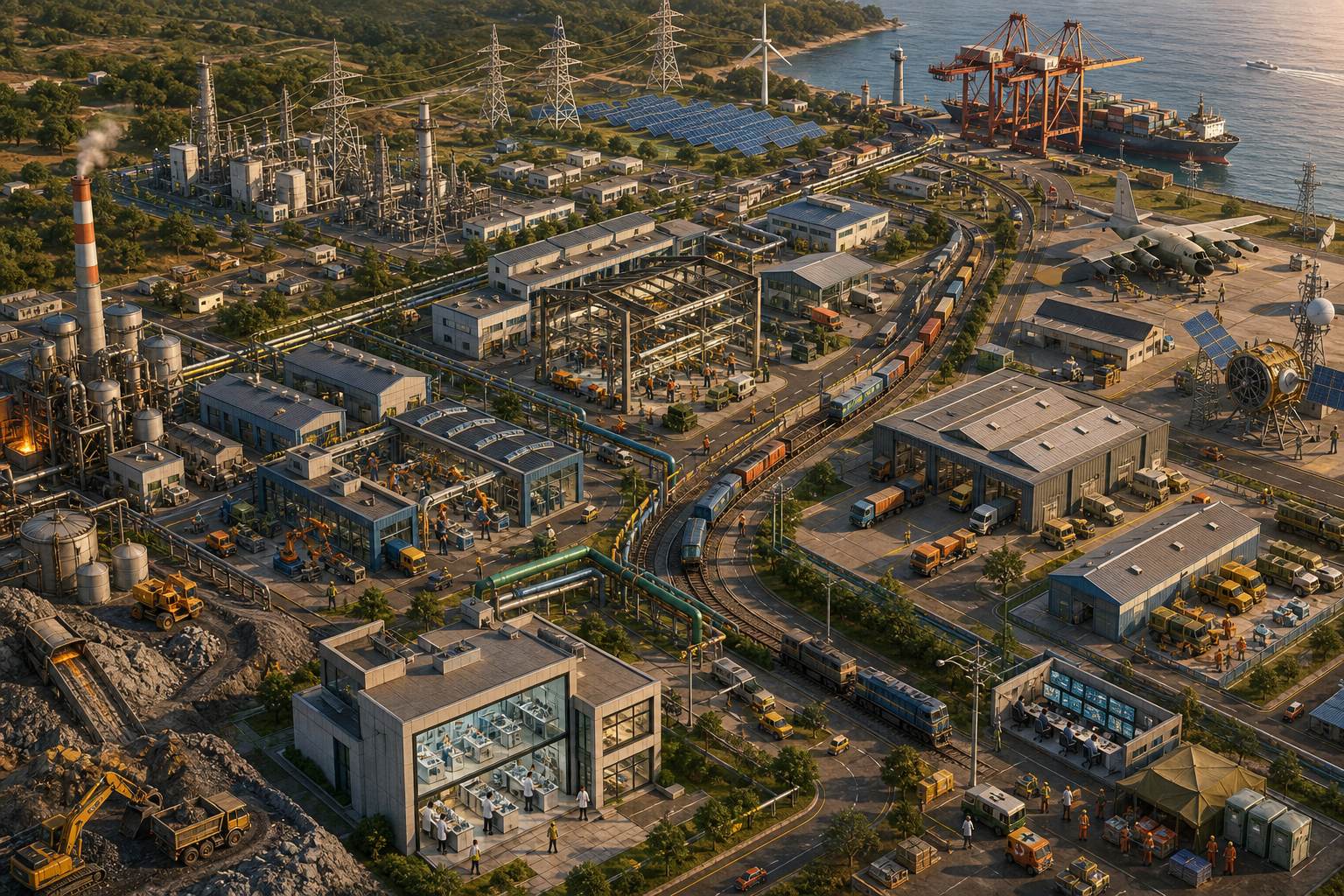 An isometric Indian industrial region links raw materials, laboratories, factories, testing facilities, power systems, warehouses, rail freight, a port, and operational equipment.