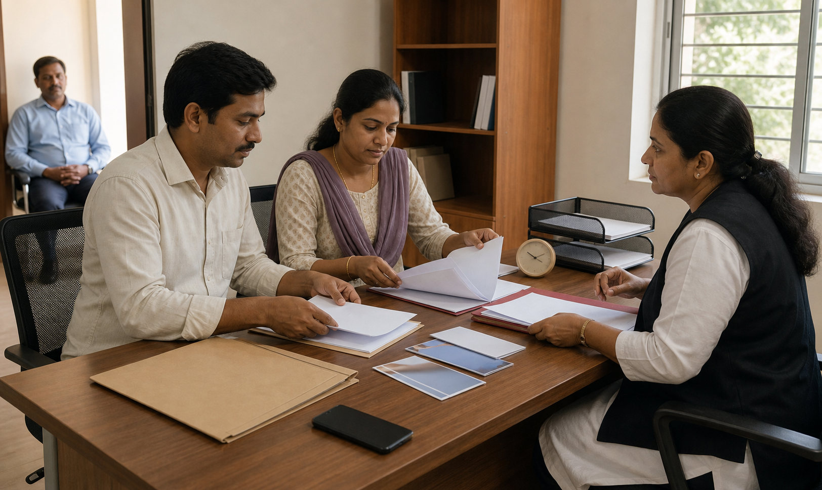 Two employees organize blank official papers and unmarked evidence folders with an adviser in a modest legal-aid office.
