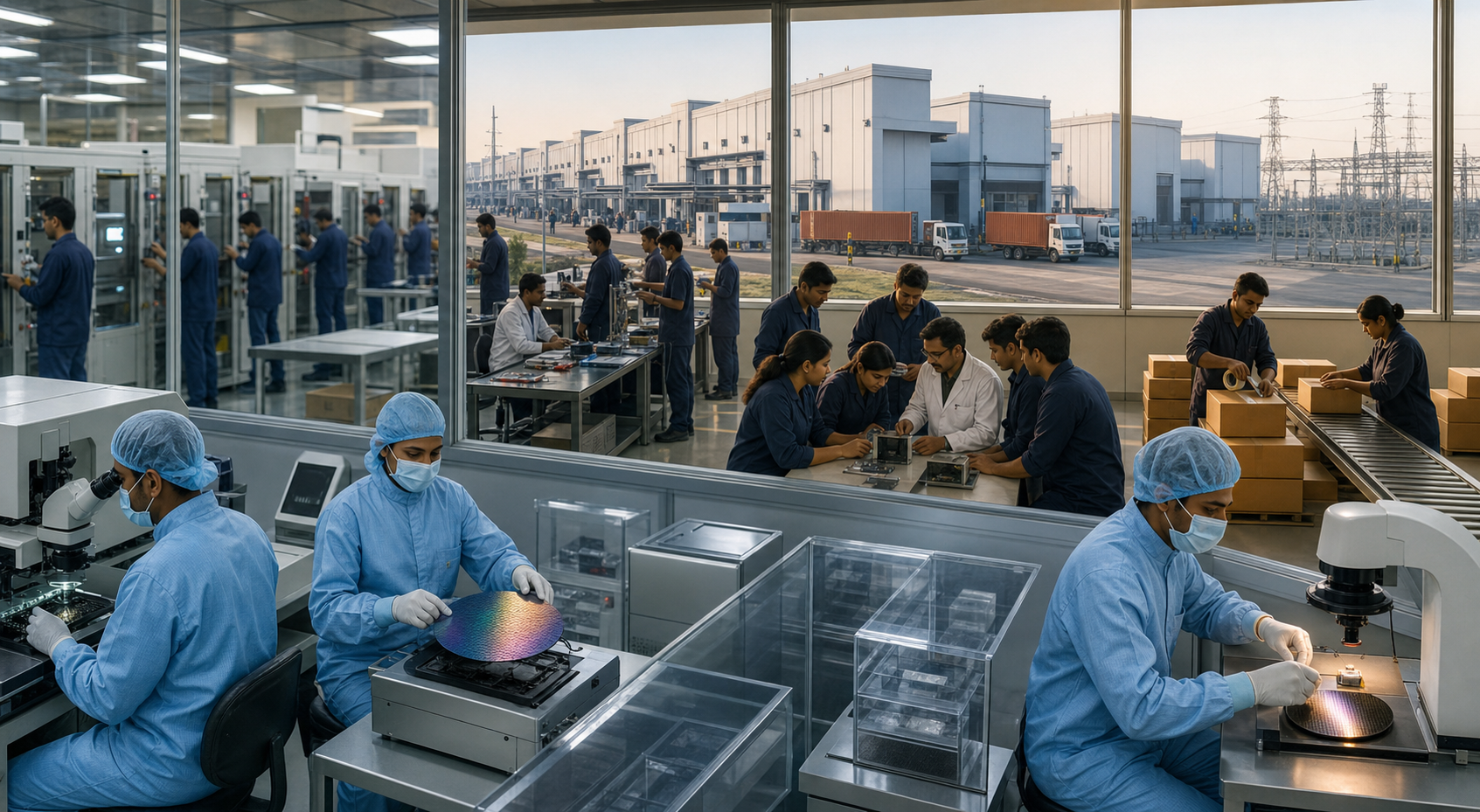 Technicians work across semiconductor production, equipment maintenance, component testing, apprentice training, packaging, logistics, and power-supply areas in a large industrial facility.