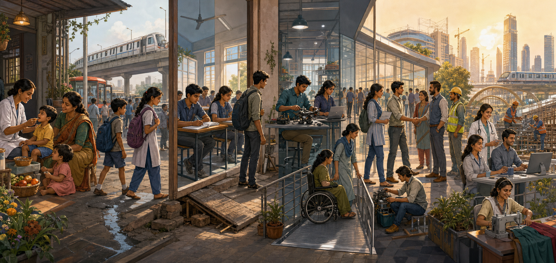 Five connected spaces show Indian children receiving healthcare, students in school, young adults in technical training, apprentices entering employment, and adults working in several sectors.