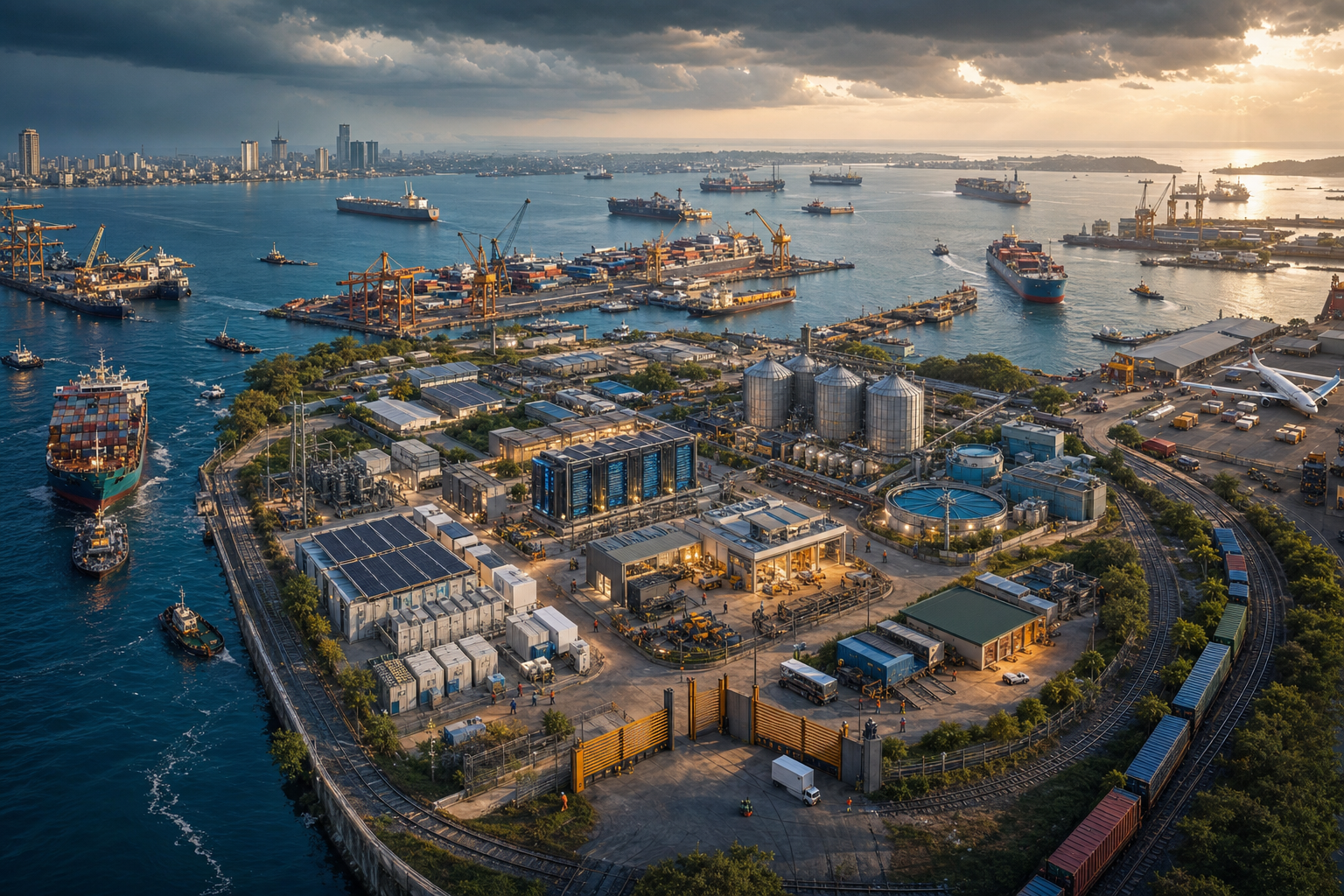 An Indian coastal industrial hub combines locally controlled power, data, water, manufacturing, food, and medical infrastructure with multiple international shipping and transport routes.